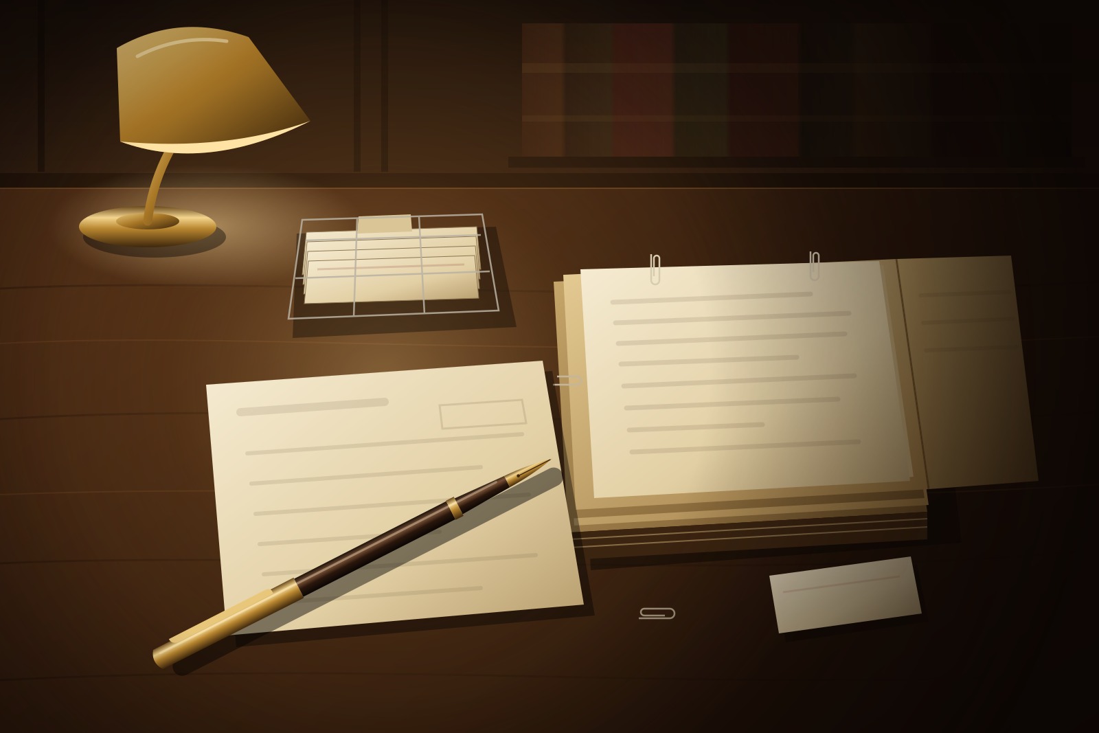 Illustration of a dark wooden desk with stacked manila folders, a brass pen on a form and a tray of index cards under a single warm lamp.