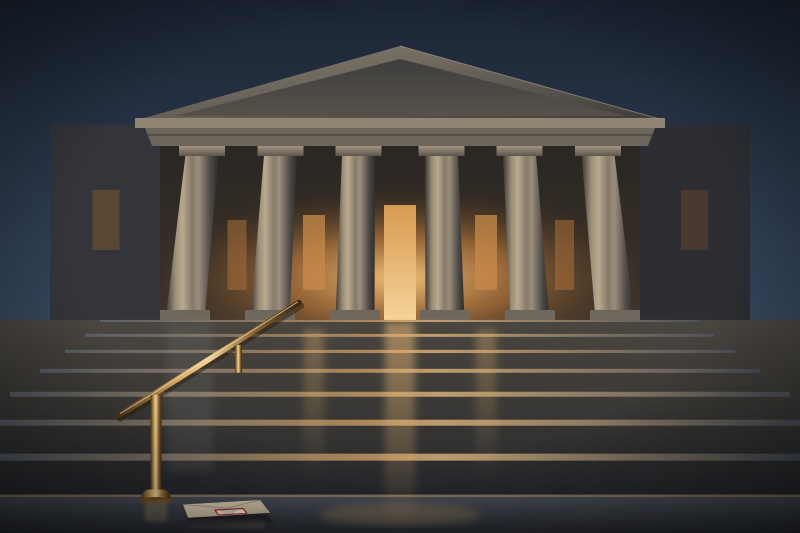 Illustration of a rain-wet courthouse staircase at dusk with tall stone columns and a lone mailing envelope resting on a step beside a brass handrail.