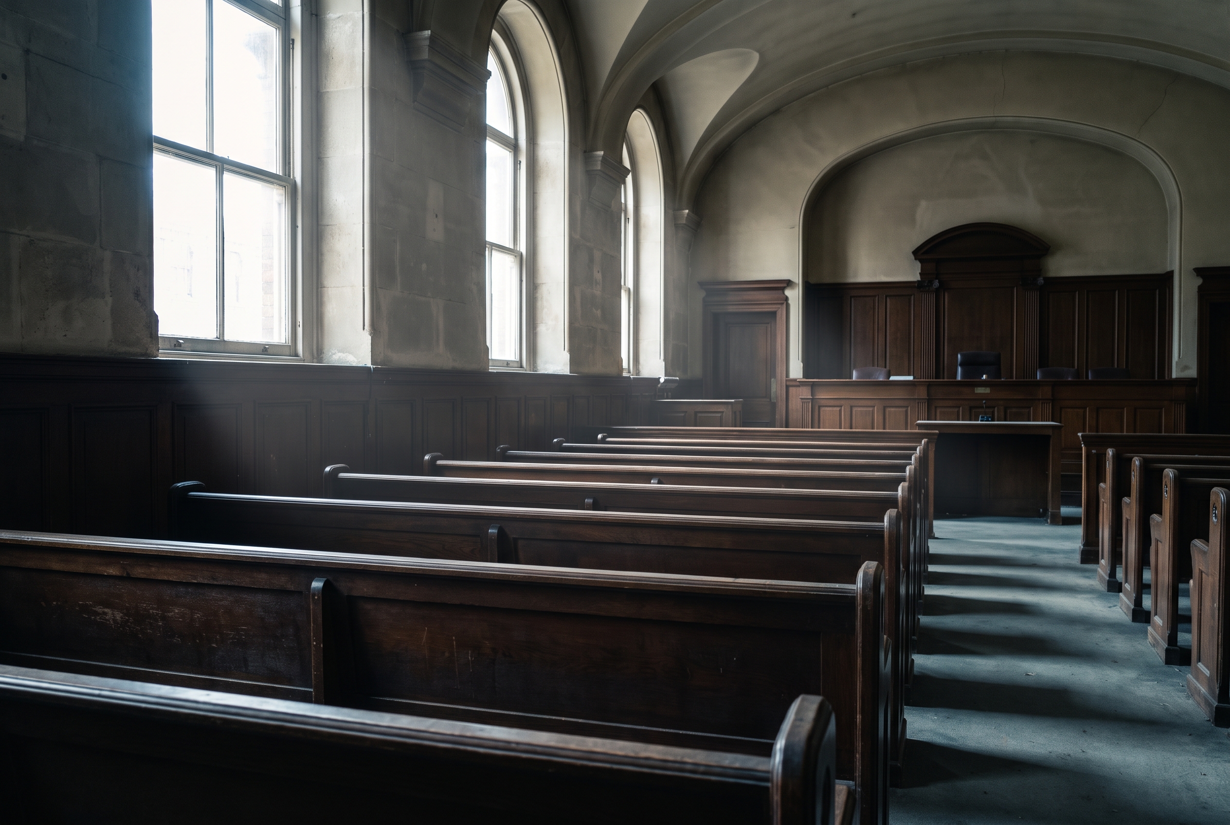 Empty wood benches in a courtroom receding toward a distant, unoccupied judge's bench, lit by tall windows.