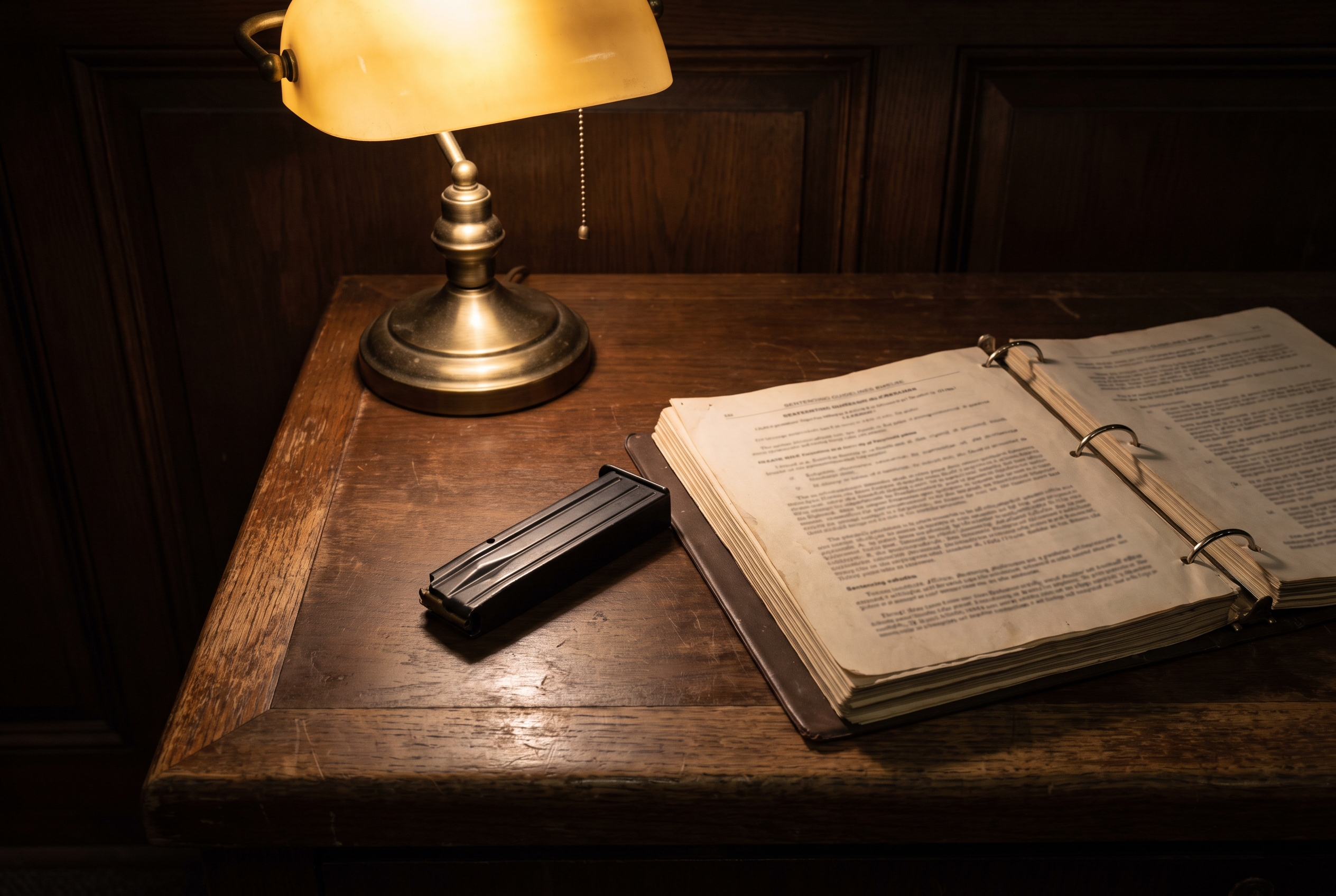 An empty black firearm magazine rests beside an open sentencing guidelines manual on a dark wood desk under warm lamp light.