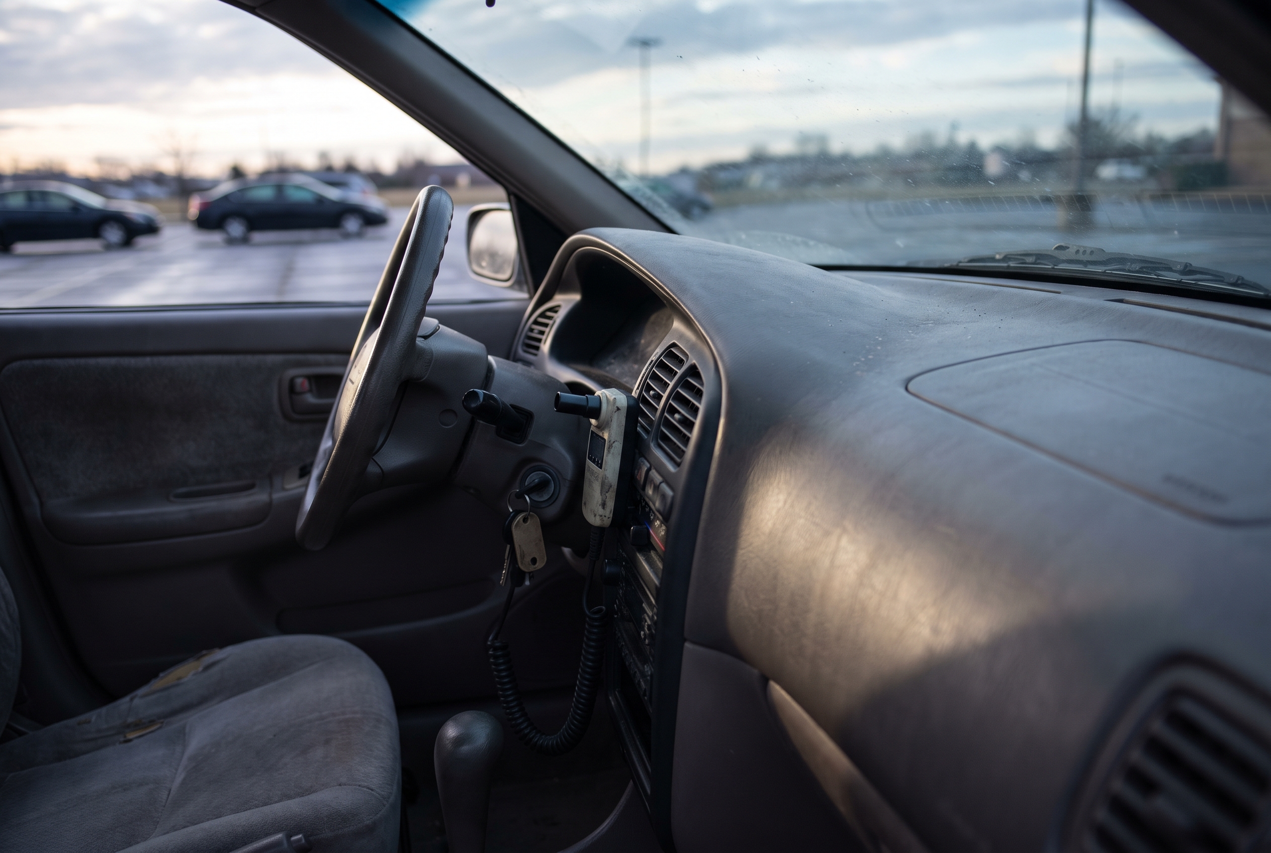 An ignition interlock device mounted below a car's steering column, with keys in the ignition and dawn light on the dashboard.