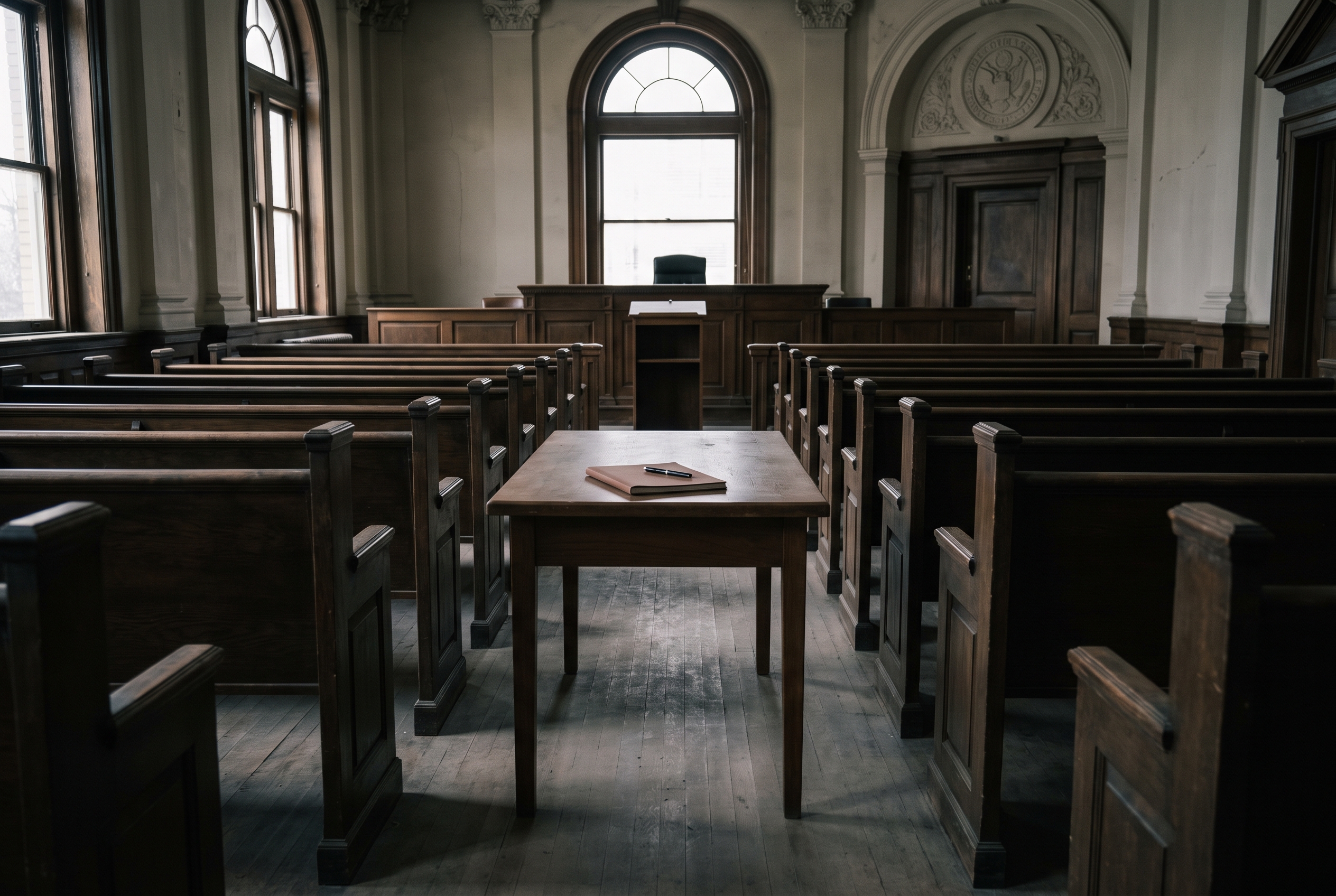 An empty courtroom viewed from a low angle, wood benches leading toward an unoccupied judge's bench with a legal pad on the defense table.