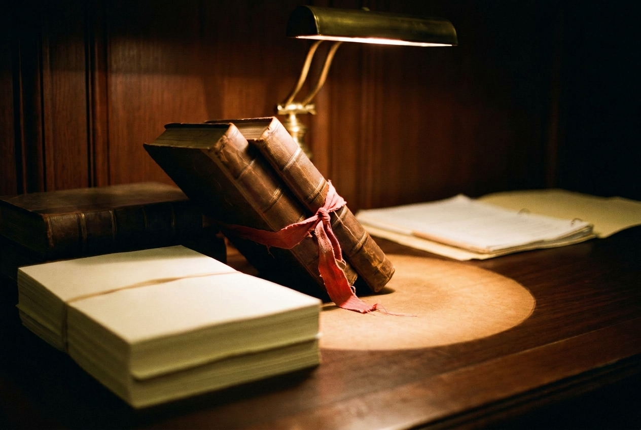 Two leather-bound law books tied together with a faded ribbon beside a rubber-banded stack of blank paper on a dark wood desk, lit by a single desk lamp.