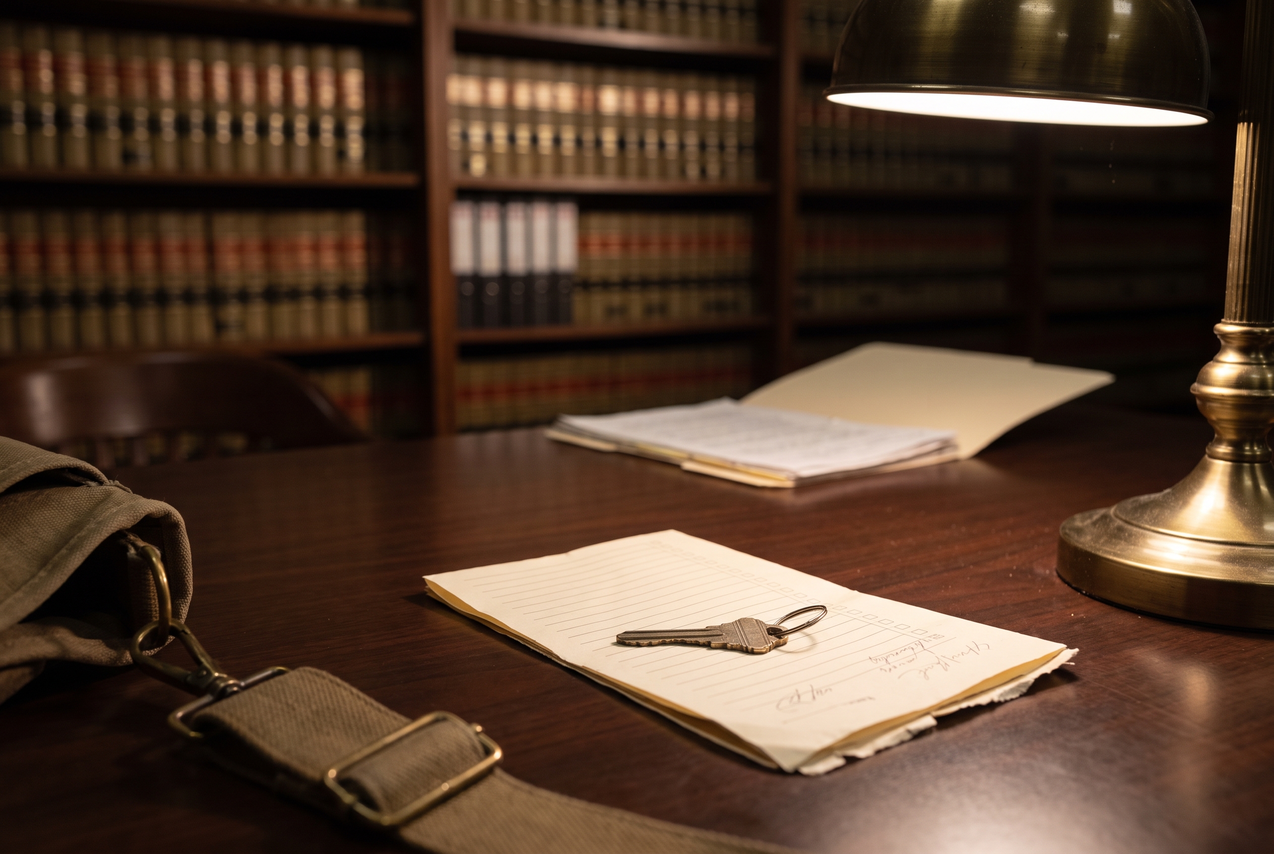 A house key and a folded paper checklist beside a bag strap on a desk, lit by a warm desk lamp.