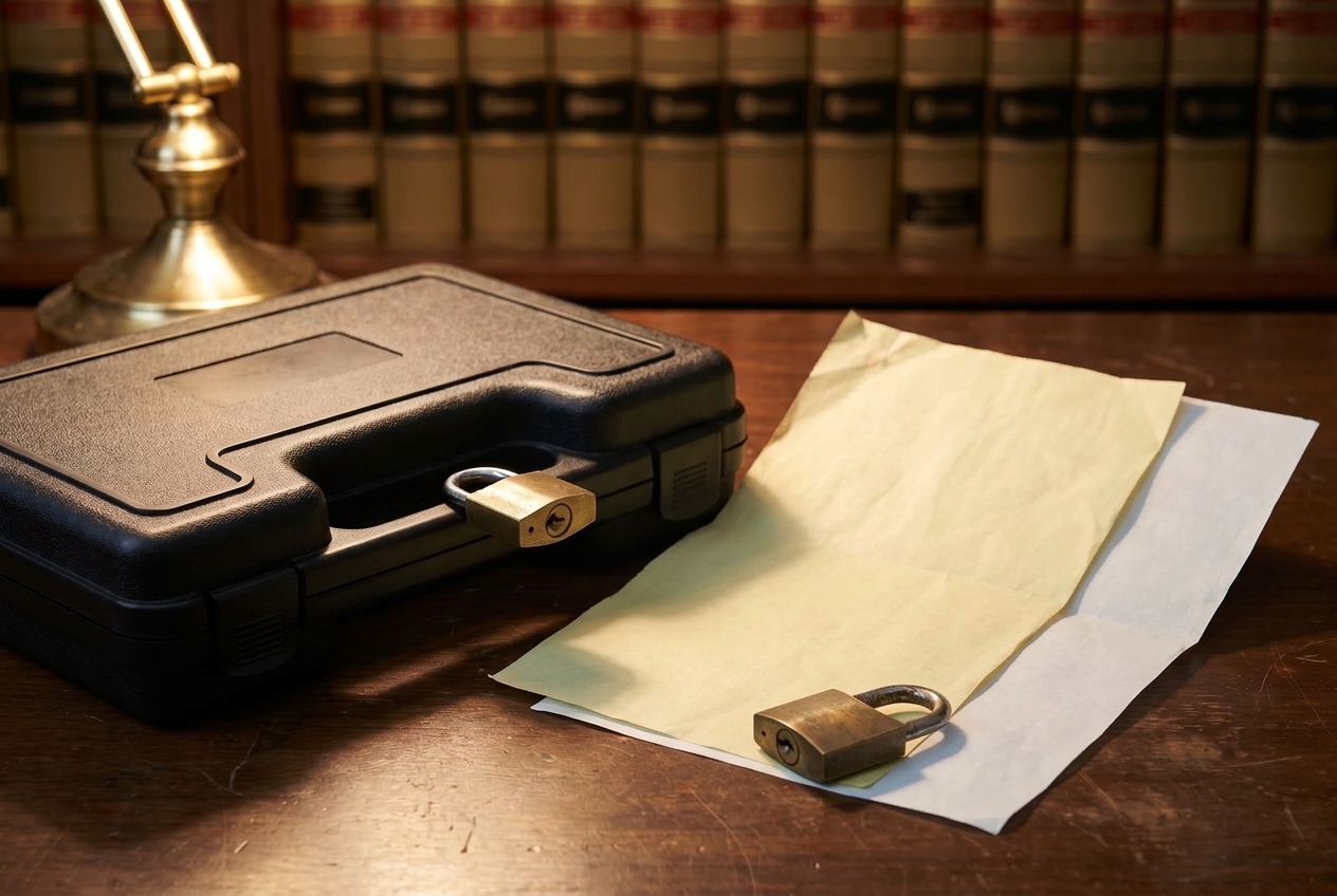 A locked firearm case and a paper property receipt secured with a small padlock on a desk under warm lamp light.