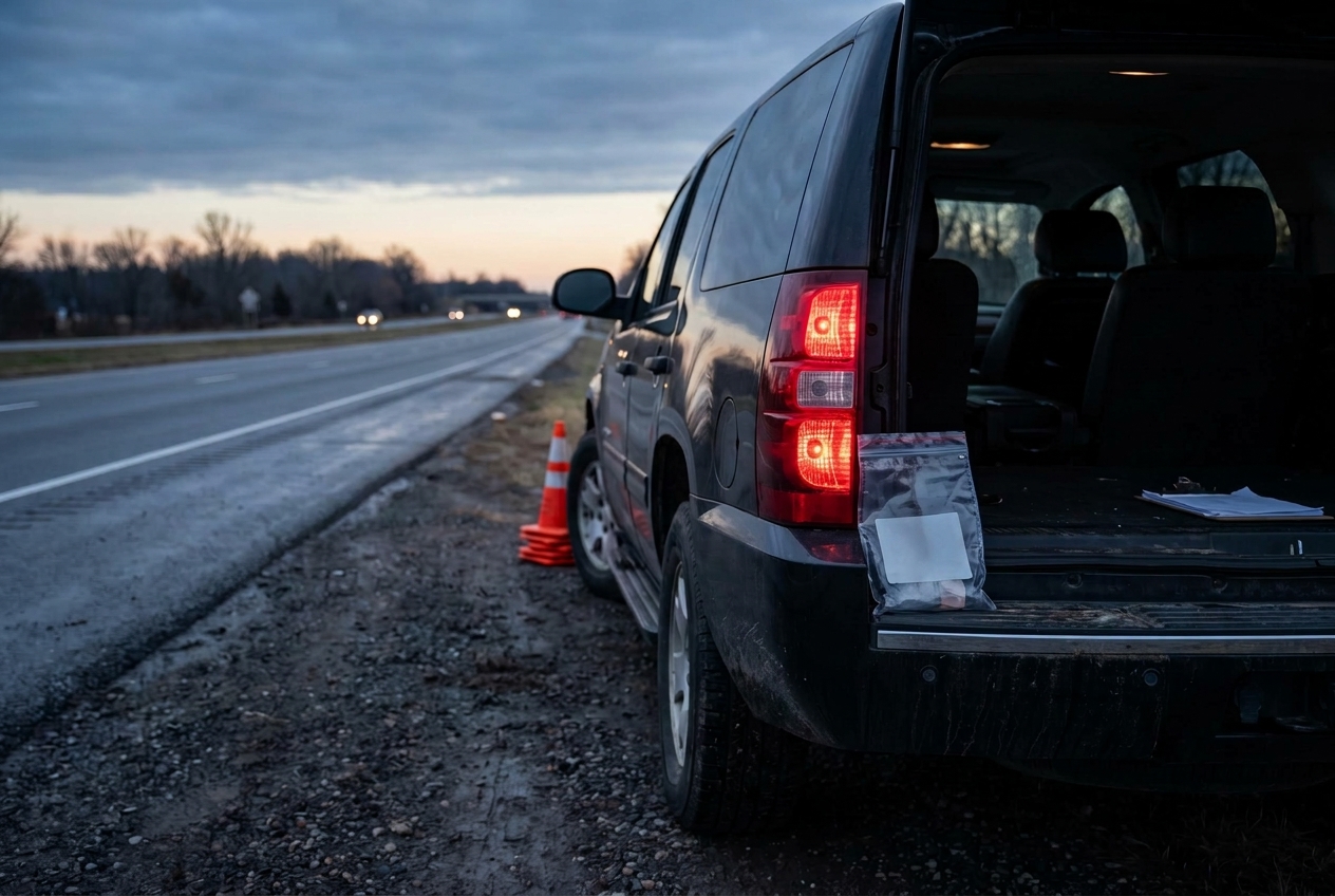 A parked SUV with its hatch open on a highway shoulder at dusk, a sealed evidence bag resting on the bumper