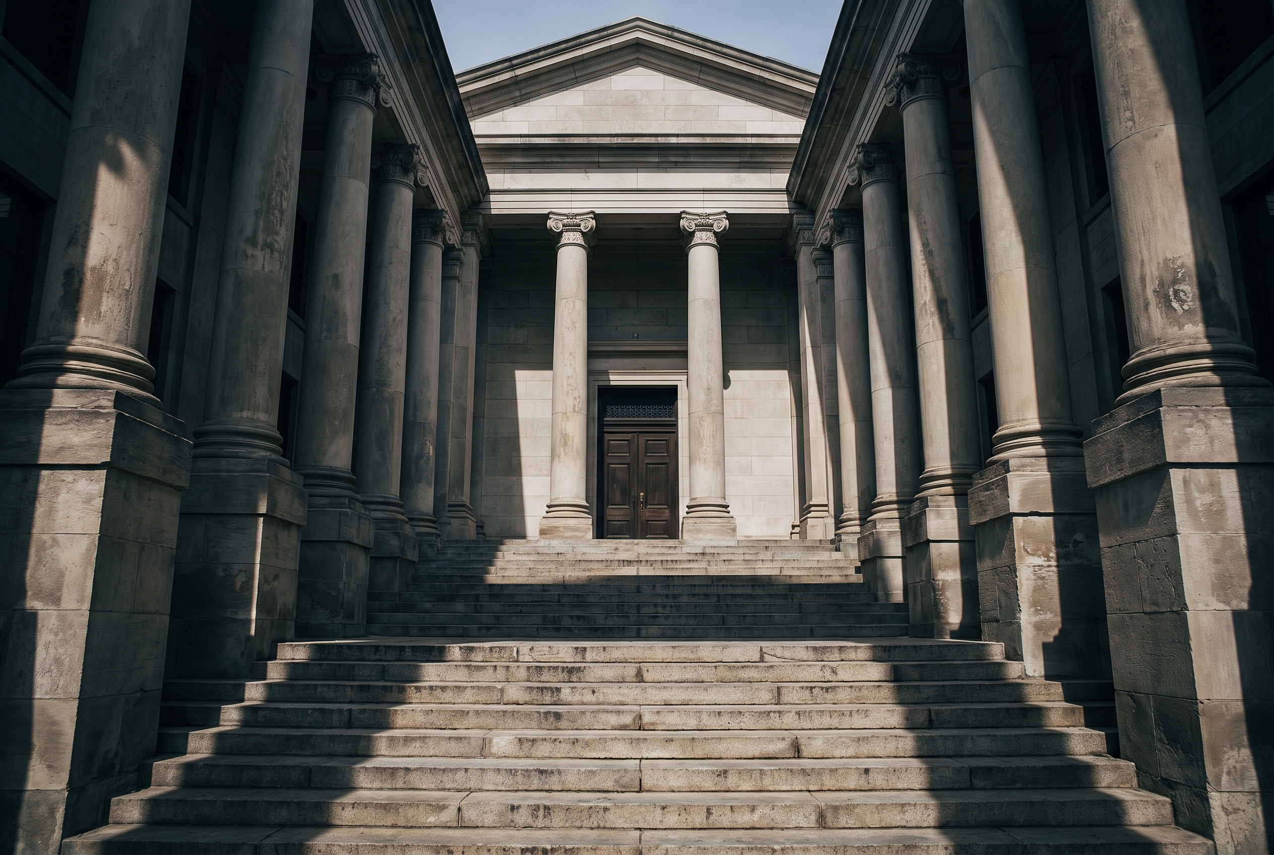 Stone columns and worn steps leading up to the closed front doors of a courthouse at midday
