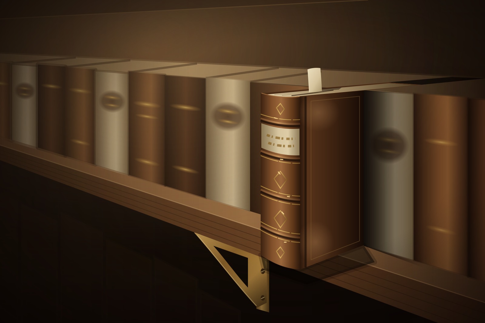 Close view of a library shelf of leather-bound law volumes with gold-stamped spines, one book pulled halfway out with a paper slip marking a page, softly lit by a warm lamp.