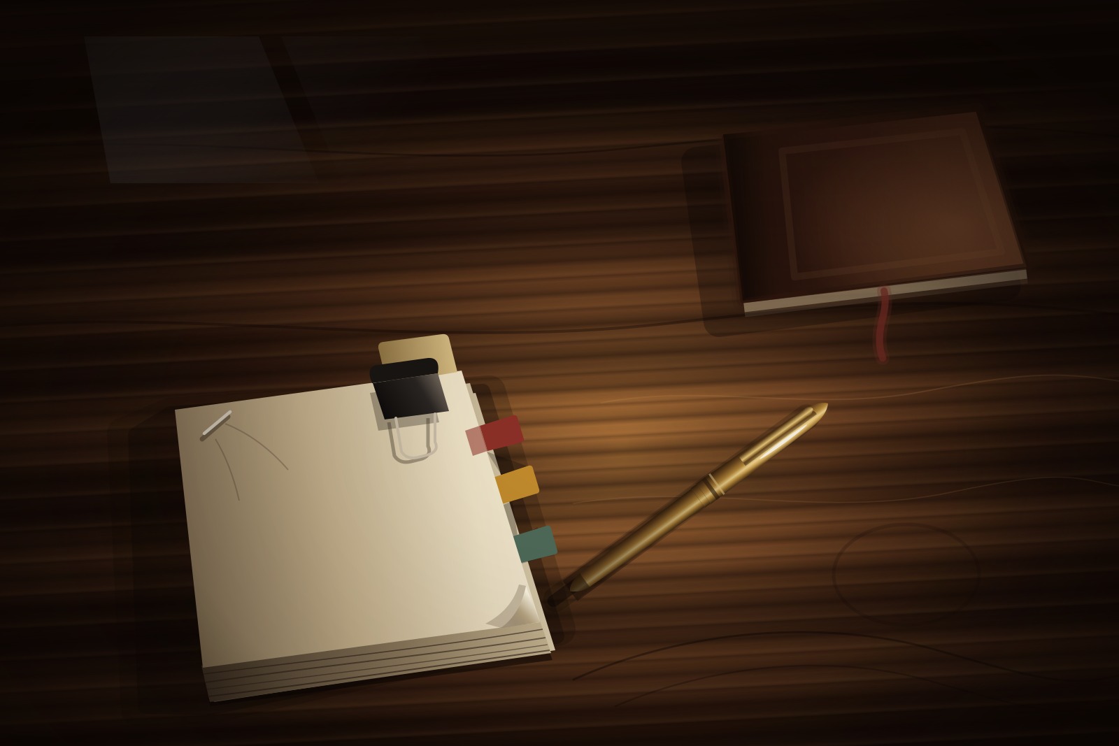 A dark wood desk lit by one lamp, with a tabbed stapled bundle of papers, a brass pen laid diagonally and a closed leather calendar, all text illegible.