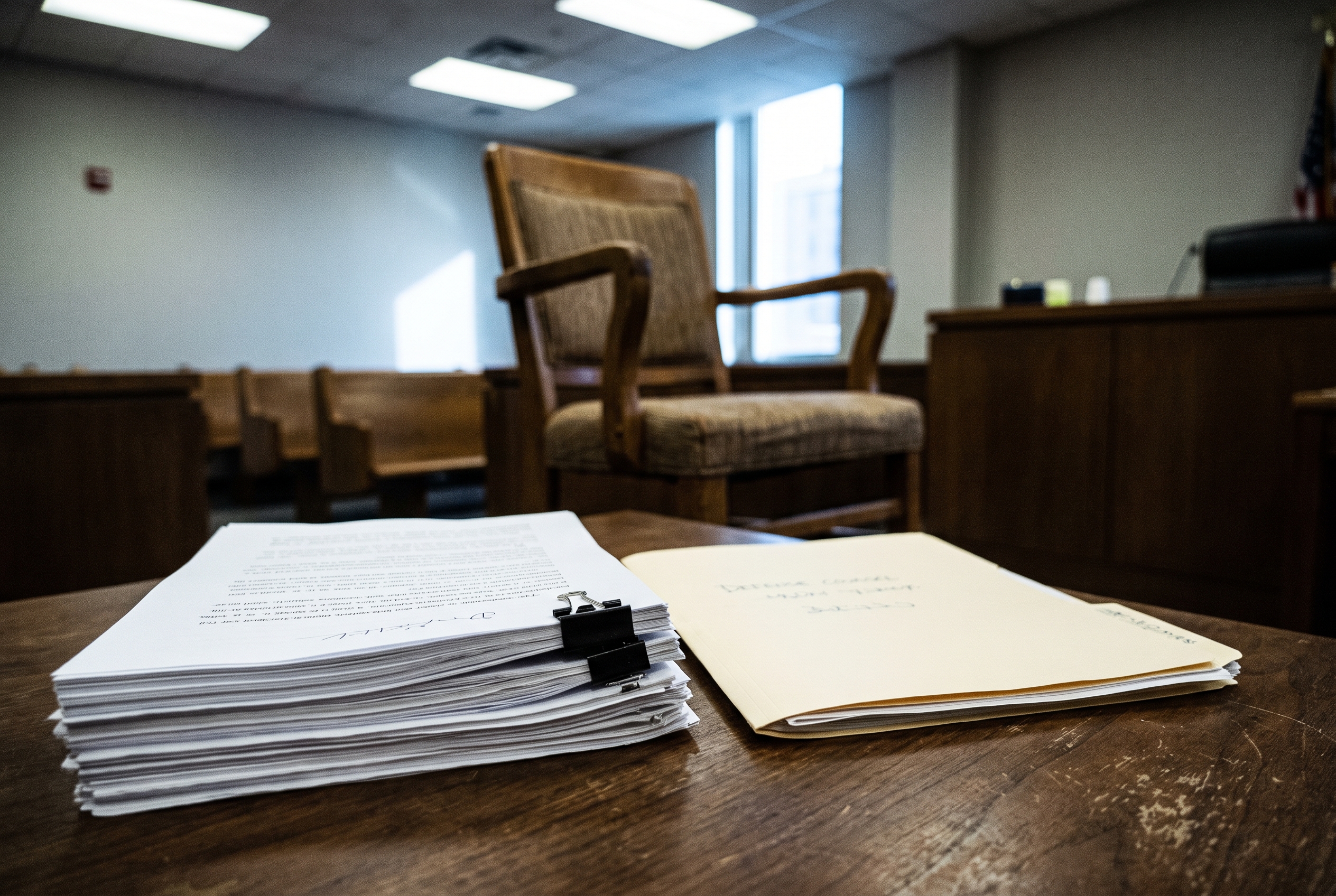 A stack of closed report folders on a defense table with an empty witness chair blurred behind them in a courtroom.