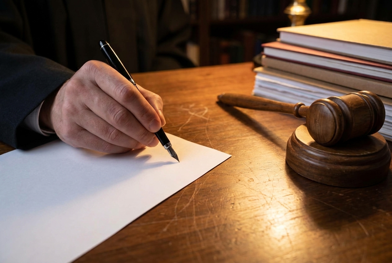 A hand signing a printed order with a fountain pen on a wooden desk, a gavel resting nearby in warm lamp light.