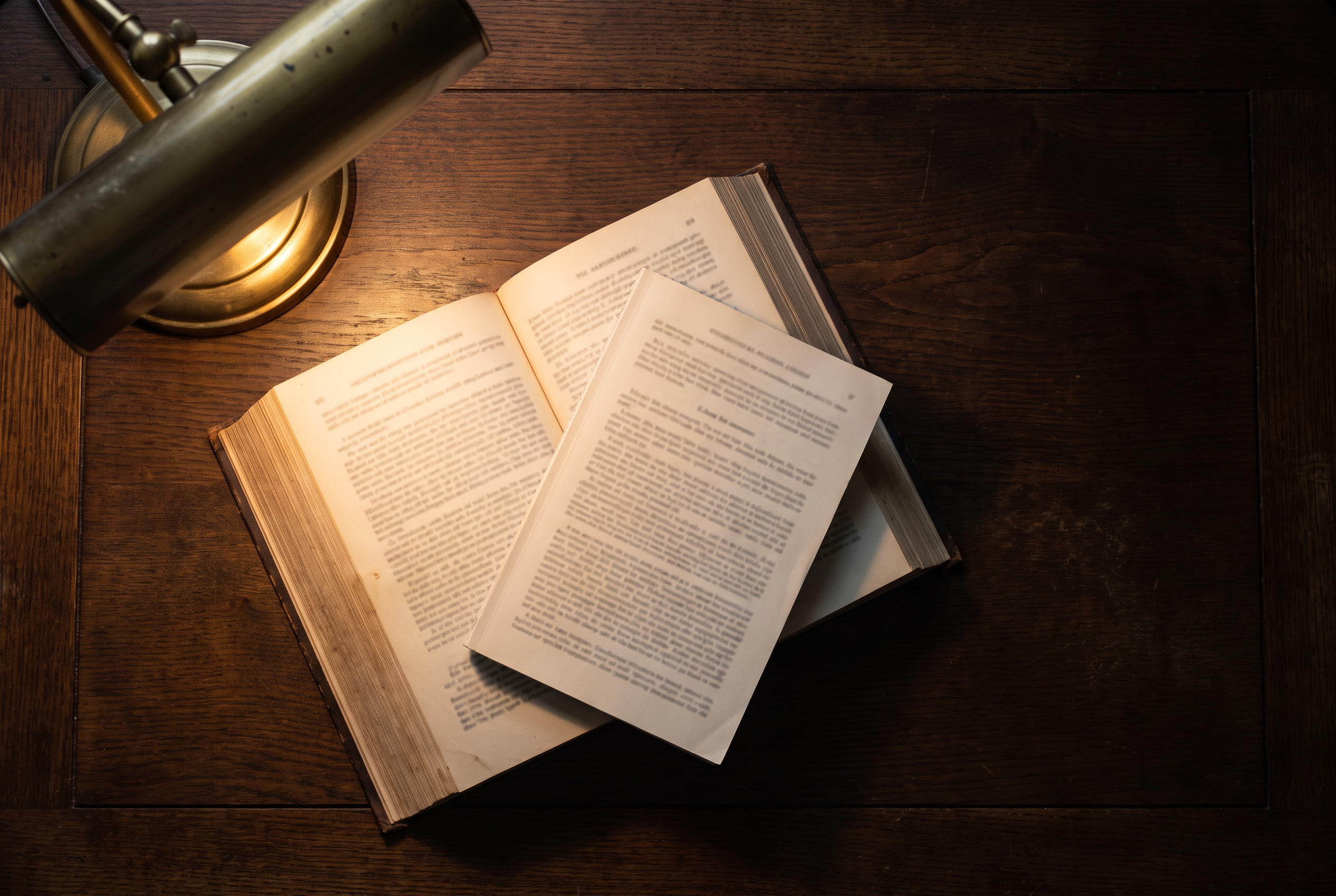 An open sentencing guidelines manual with a thinner commentary volume stacked on top, lit by a single desk lamp on a dark wood surface.