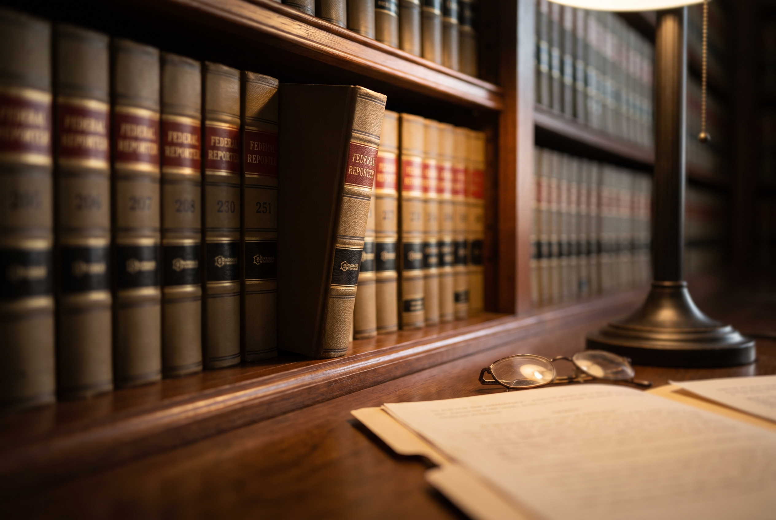 A row of bound legal volumes on a shelf with gold lettering out of focus, one volume pulled slightly forward from the others.