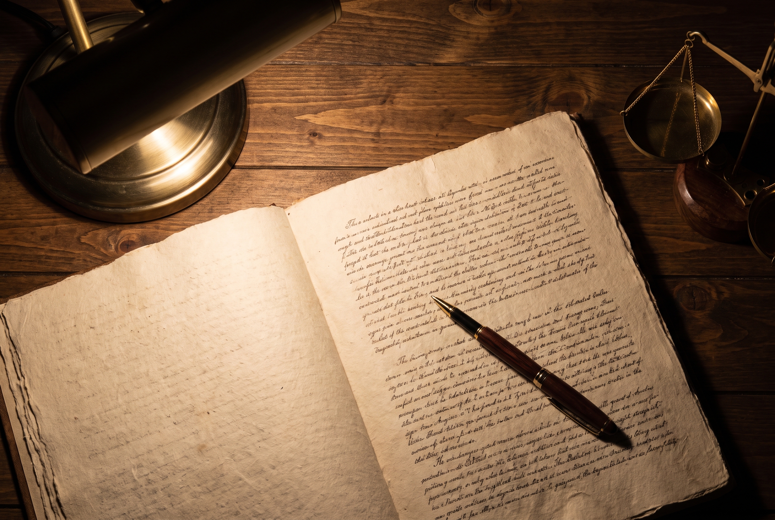 A pen rests across an open legal document beside small brass scales on a dark wood desk, lit by a single desk lamp with the page's text out of focus.