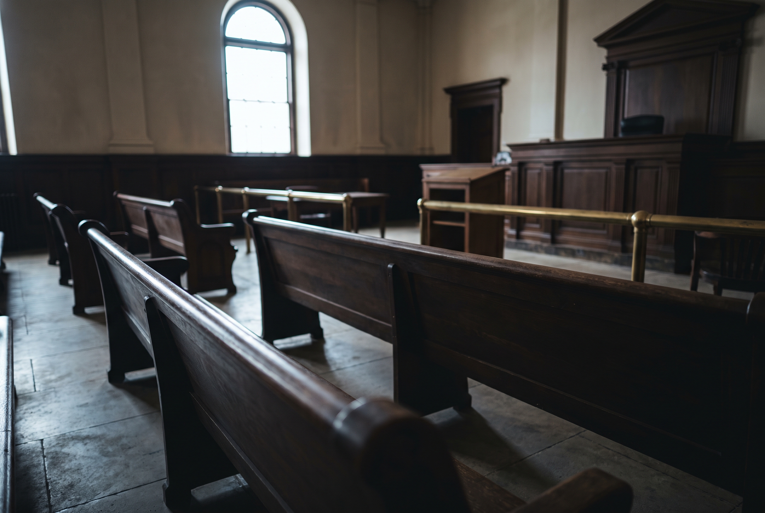 Rows of empty wood courtroom benches recede toward a distant bench, lit by daylight from a high window, shot from a low angle.