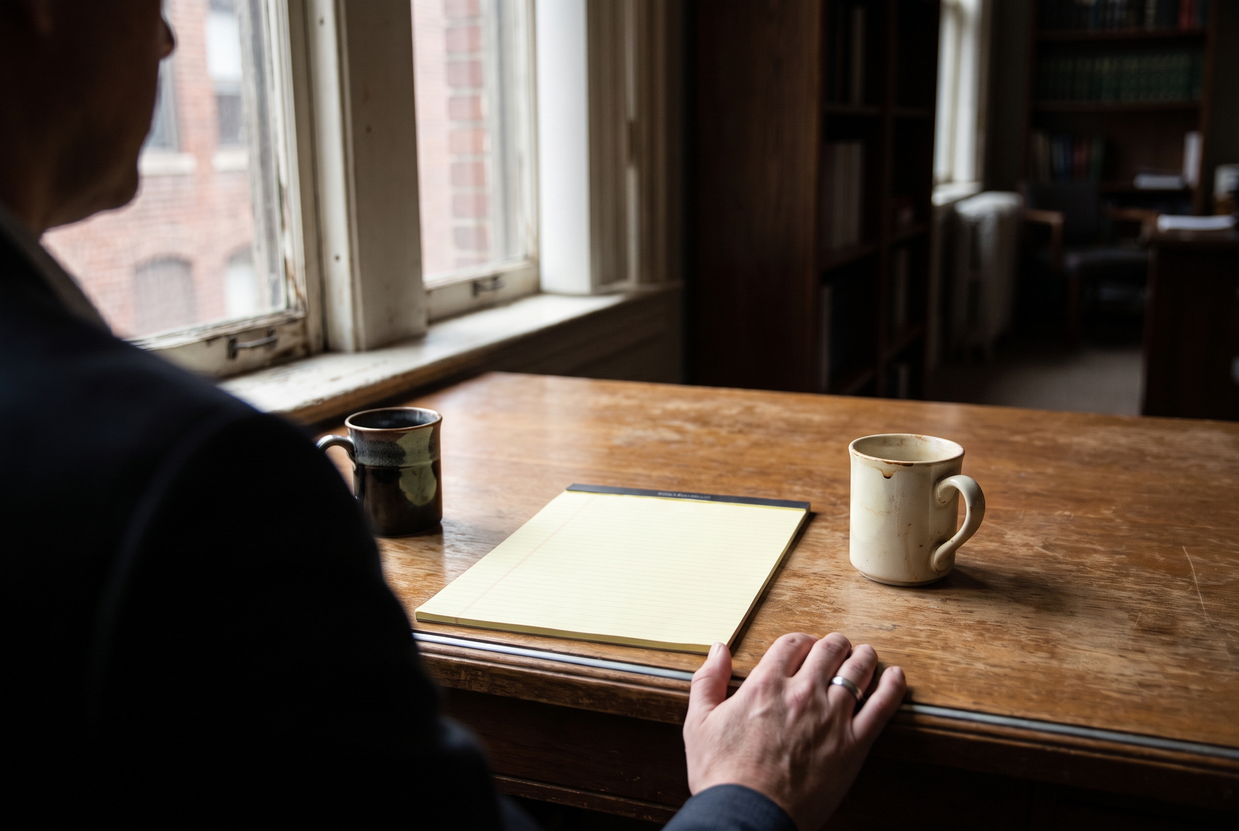 Over a shoulder, two coffee cups and an untouched legal pad sit on a consultation table lit by window light.