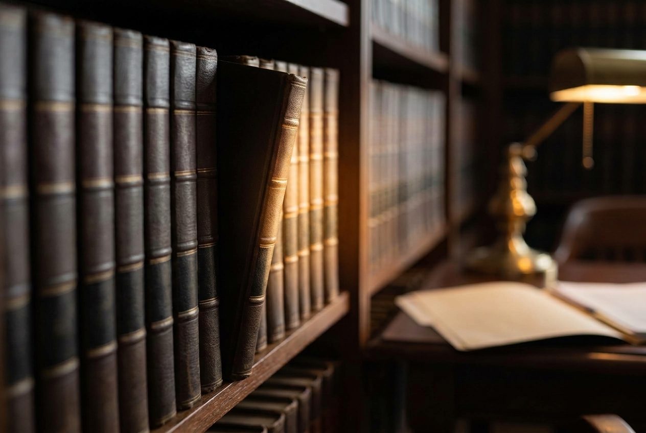 A row of matching hardbound legal volumes on a library shelf, one pulled slightly forward from the rest, lit warmly with gold lettering out of focus.