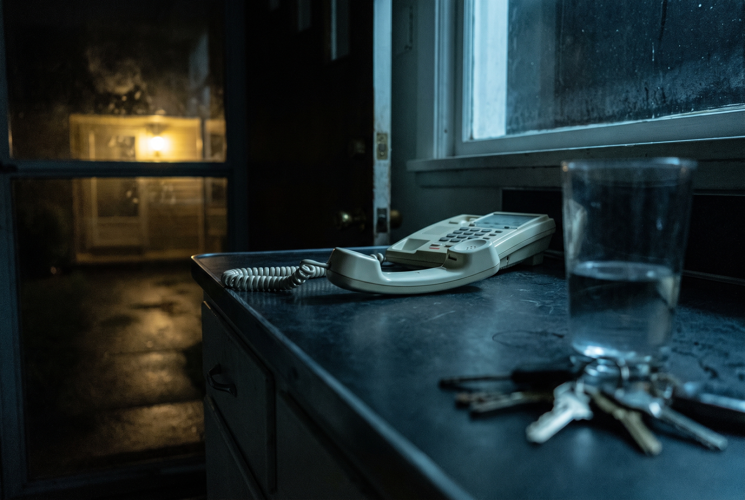 A telephone resting off its cradle on a dim kitchen counter at night, with a glass of water and keys nearby and faint window light behind
