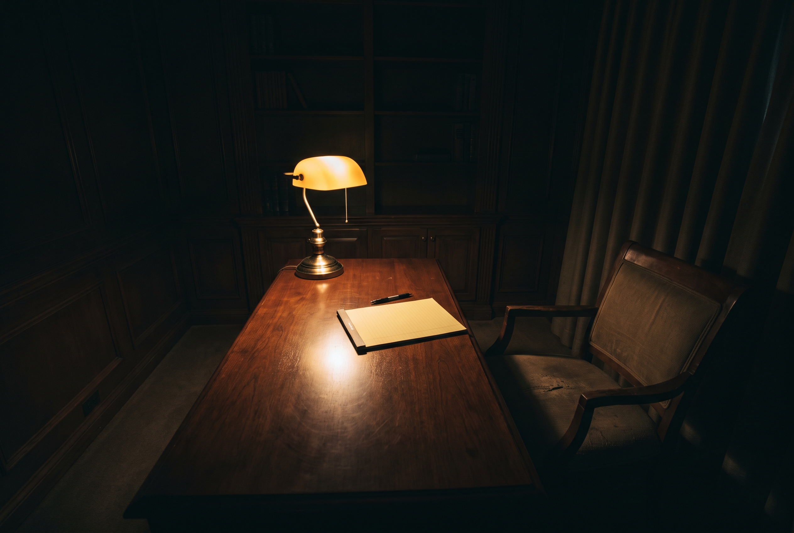 An empty chair pushed back from a small wood-paneled table across from another chair holding a closed legal pad and pen, lit by a single lamp