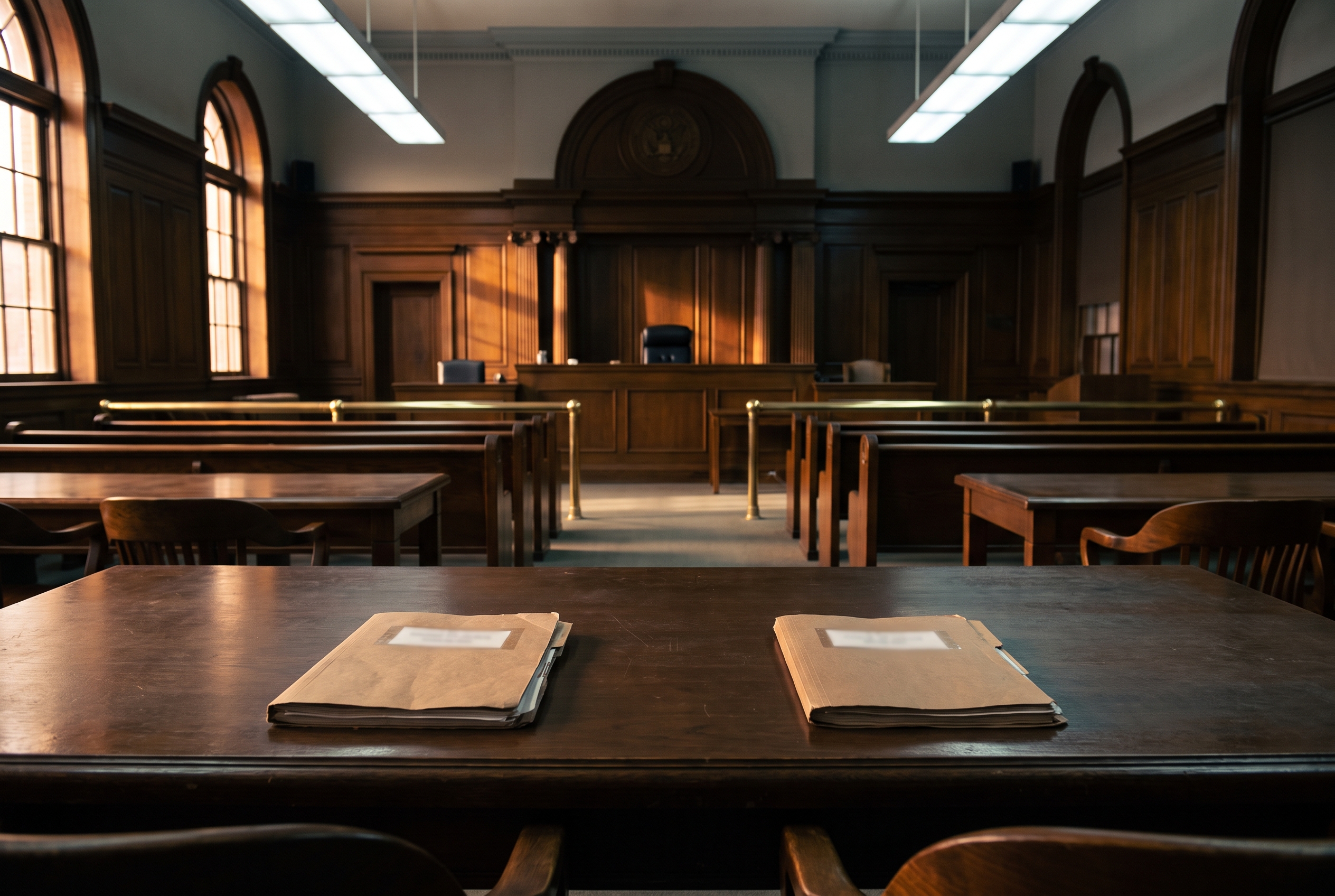 An empty courtroom viewed low from behind one counsel table, closed folders on two facing tables, benches receding toward an empty witness stand.
