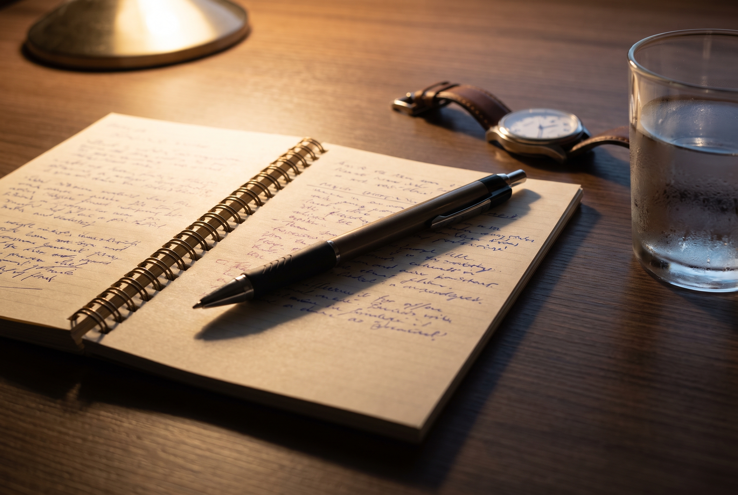 A notepad covered in illegible handwriting on a table beside a pen, a wristwatch, and a beaded water glass under warm lamp light.