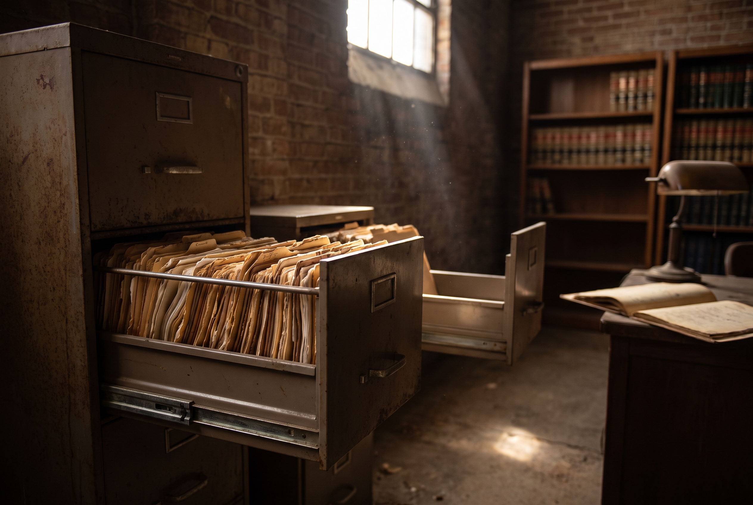 A dim records room with one filing cabinet drawer full of aged folders and a second drawer standing empty beside it.