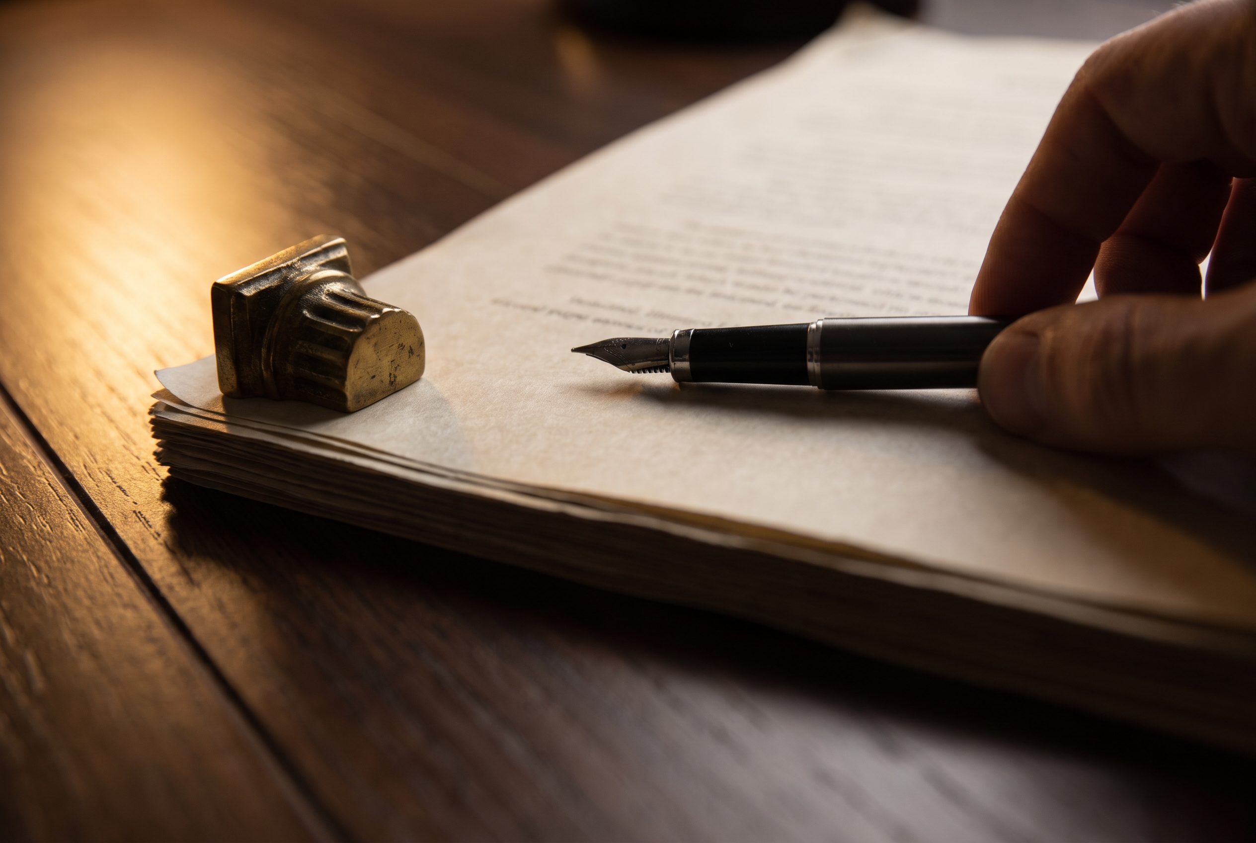A hand resting a pen on a stack of papers on a dark wood desk, lit from the side with a small brass paperweight nearby.