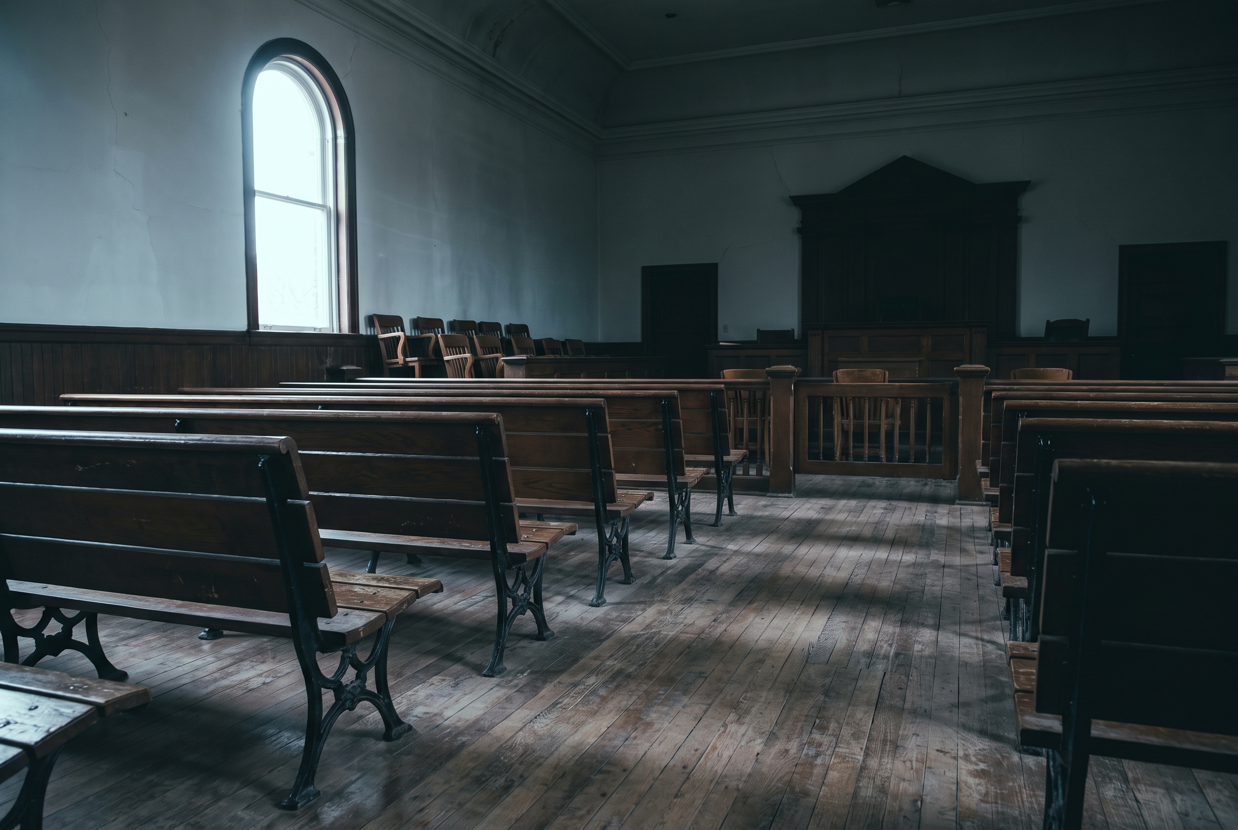 An empty courtroom seen from a low angle, wood benches receding toward a vacant jury box lit by a single high window.