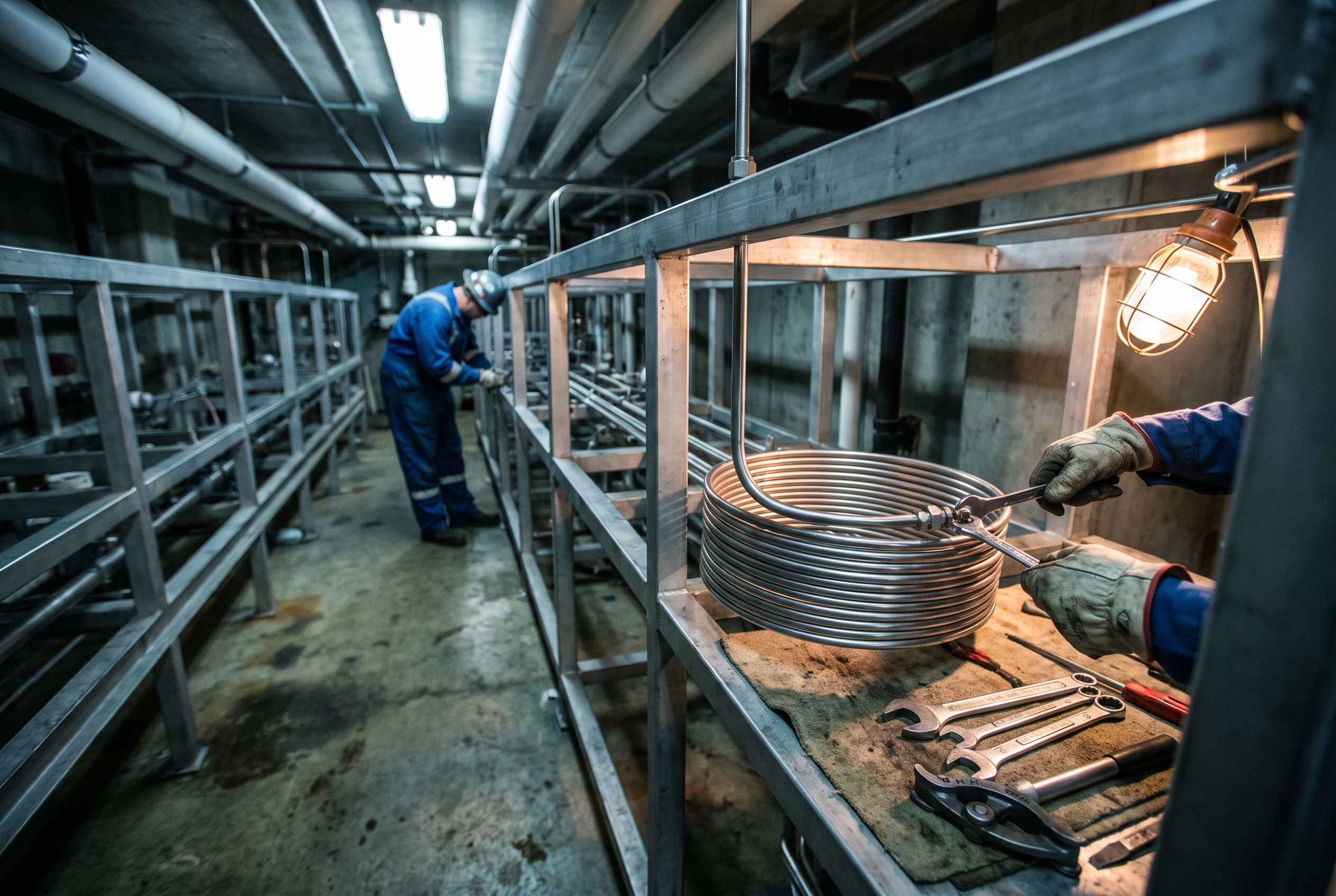 A worker's gloved hands tightening a fitting on stainless gas delivery tubing at a subfab utility skid, with a second worker blurred further down the row under warm lamp light.