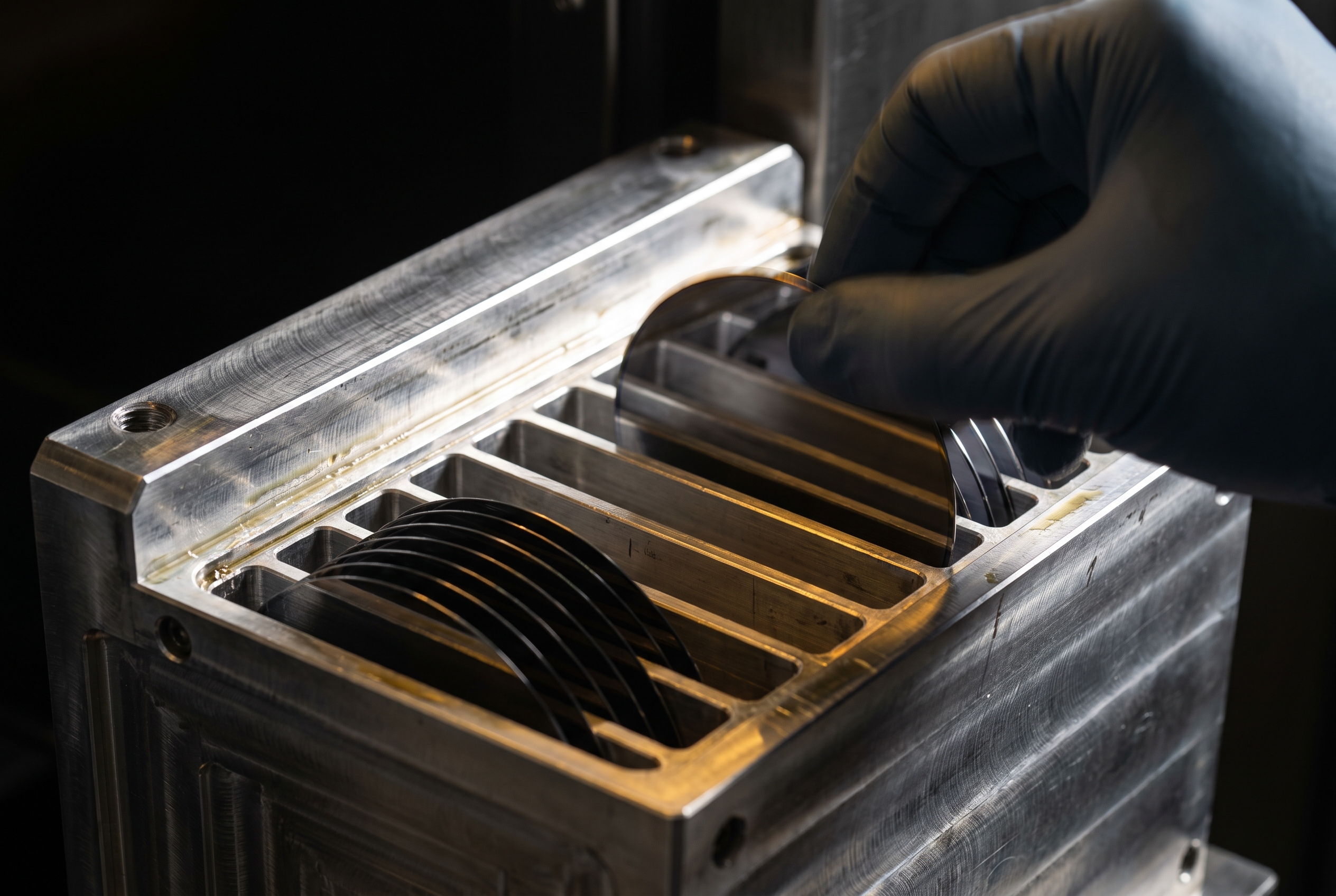 A close-up of an open wafer cassette with only some slots holding wafers, a gloved hand sliding one wafer toward an empty slot under a single raking light.