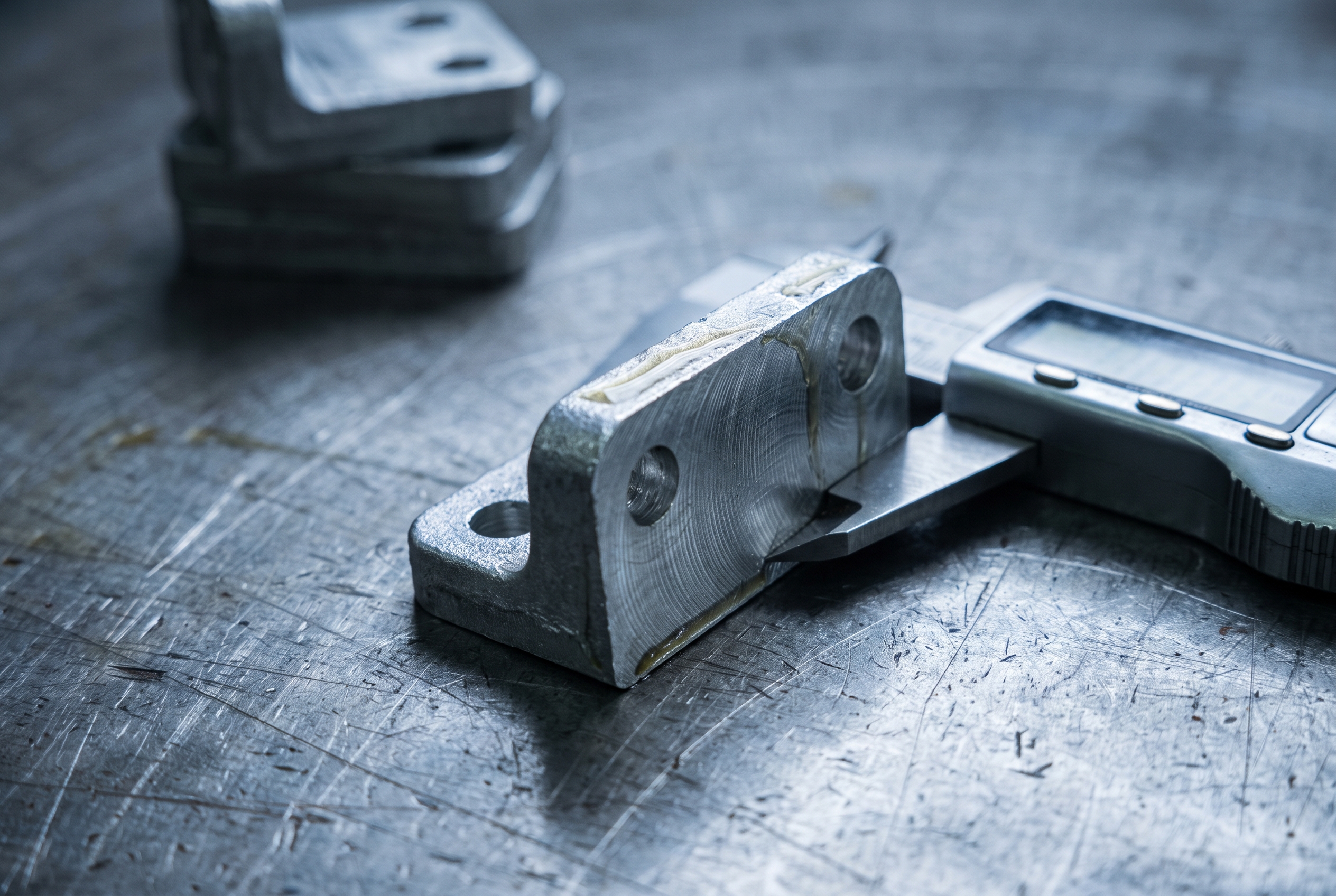 A single cast metal bracket rests under a digital caliper on a steel inspection table, with identical spare parts blurred in the background.