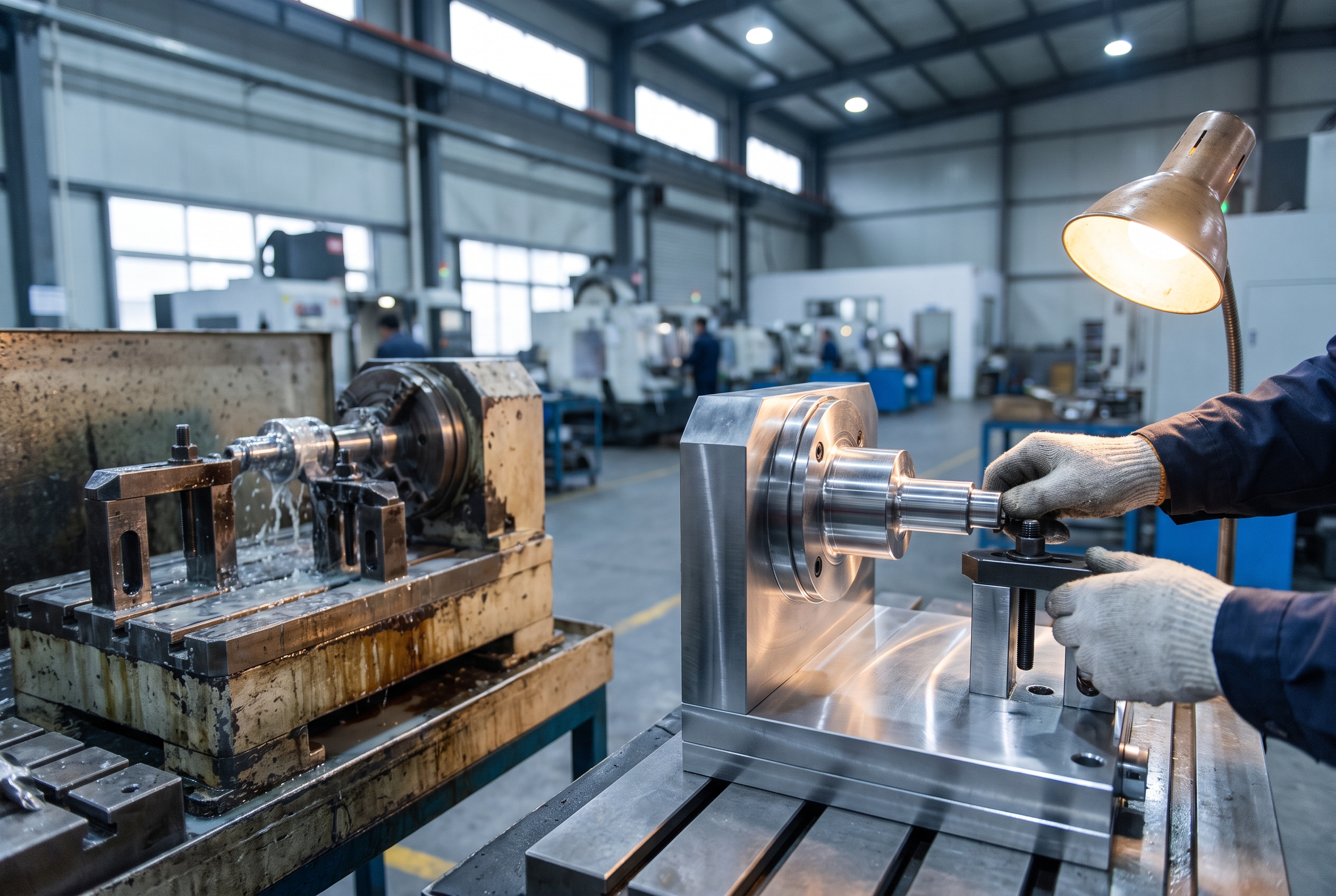 A technician's hands adjust a newly installed machining fixture on a bench beside an older fixture already running a part.