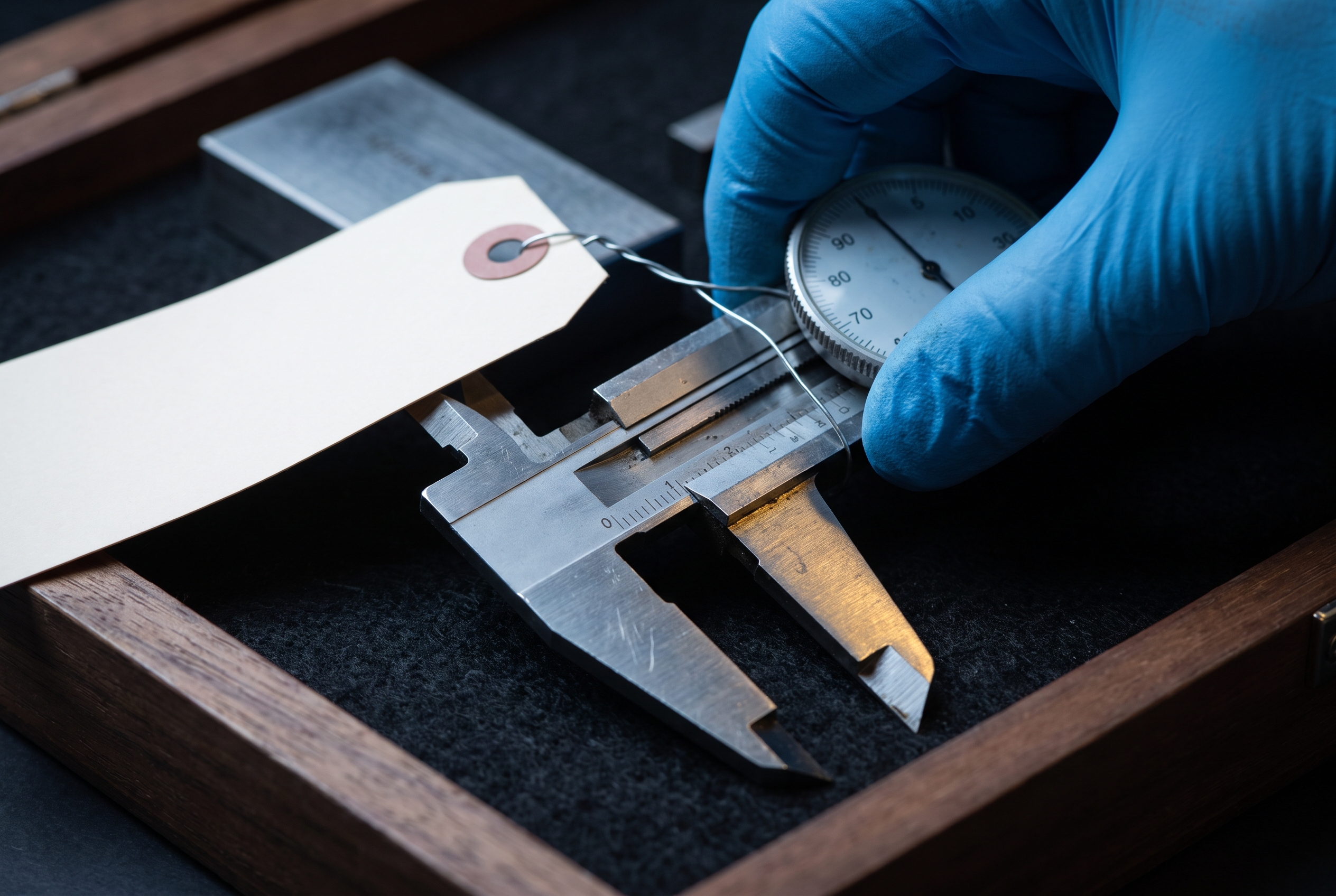 Macro close-up of a gloved hand placing a caliper with a blank wired tag into a felt-lined tray, with a gauge block softly blurred behind it.
