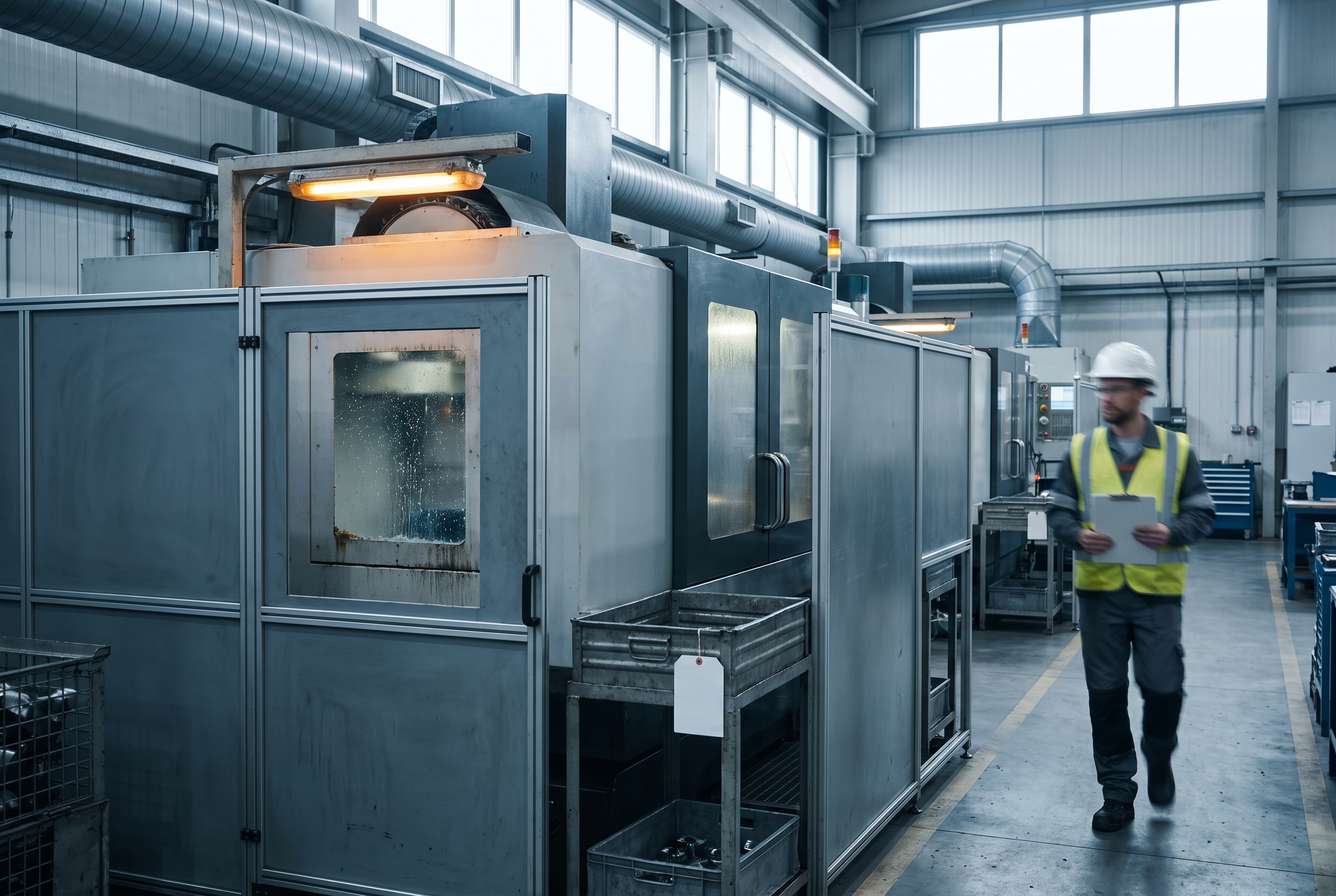 Elevated view of a CNC machine in sharp focus on a plant floor with a worker walking a blurred route in the background holding a blank clipboard.