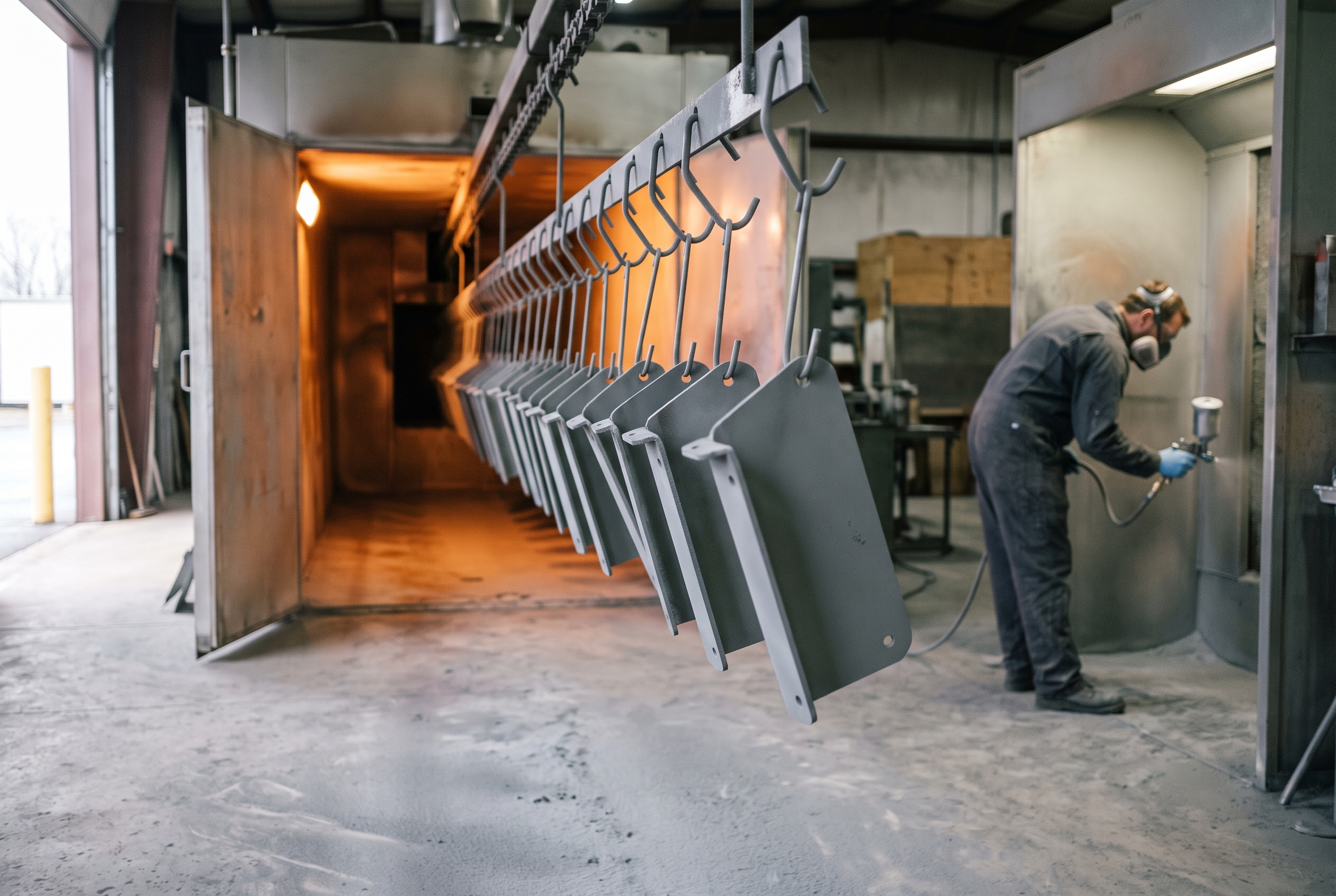 Gray powder-coated steel brackets hang from an overhead conveyor heading into a glowing cure oven, with a coating technician blurred at a spray booth behind.