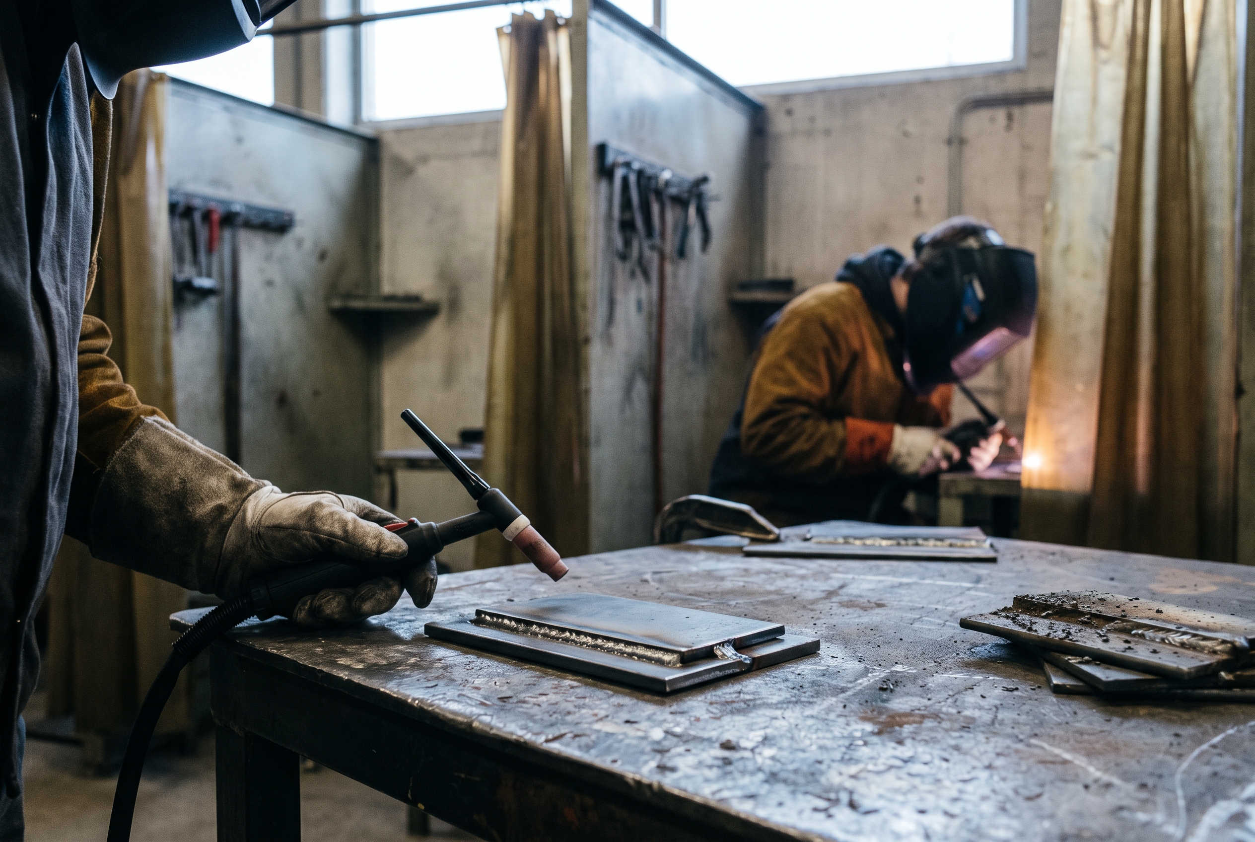 A gloved hand rests a TIG torch beside clamped steel practice plates on a weld bench, with another person in a helmet blurred in the next booth.