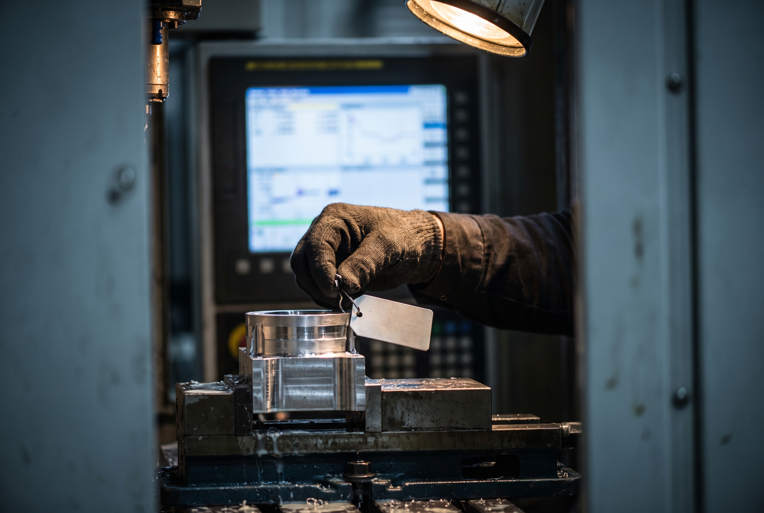 A gloved hand attaches a blank traceability tag to a freshly machined part in front of a glowing but unreadable CNC control panel.
