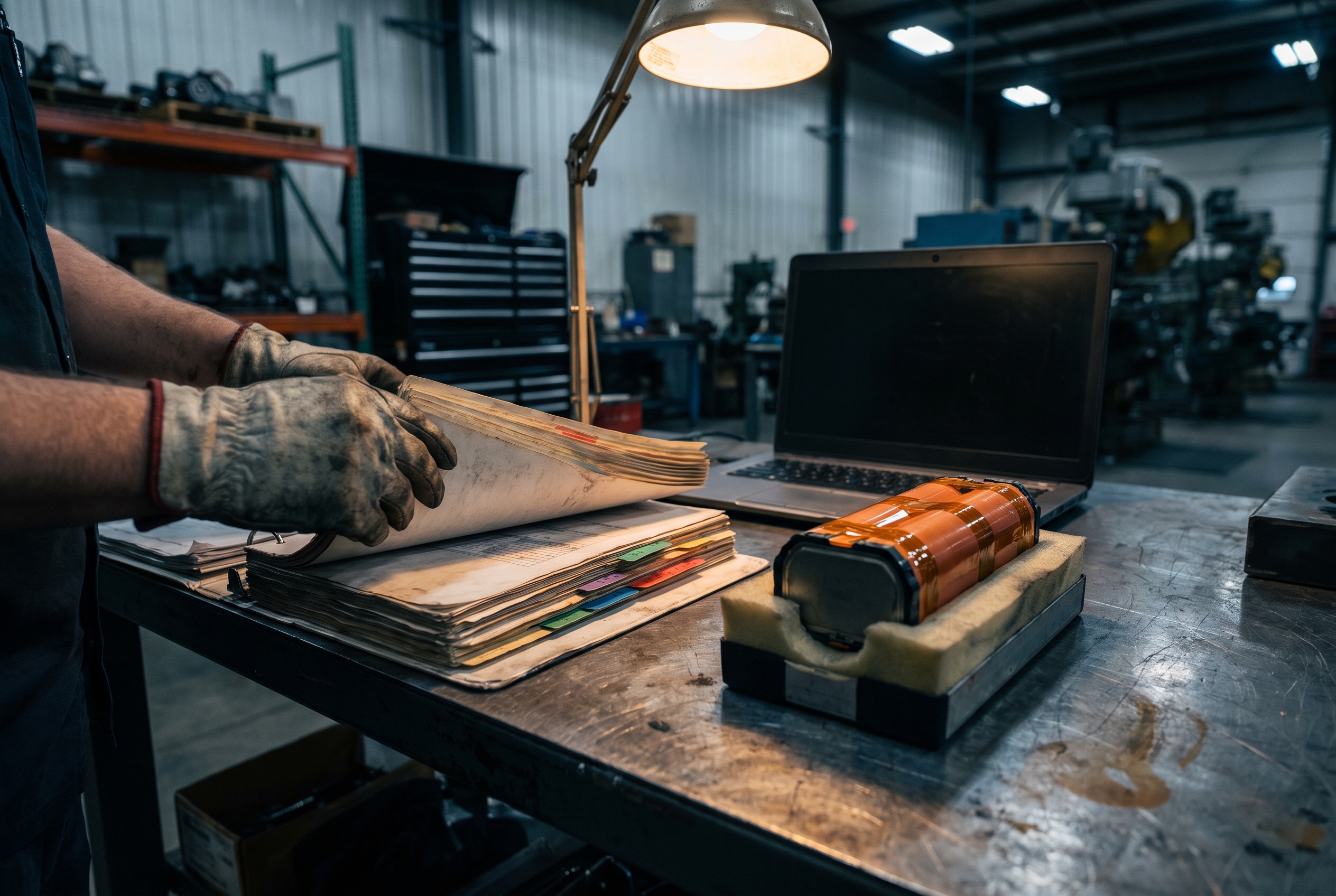 A technician's hands turning pages of a thick tabbed contract binder on a workbench beside a battery cell held in a padded fixture.