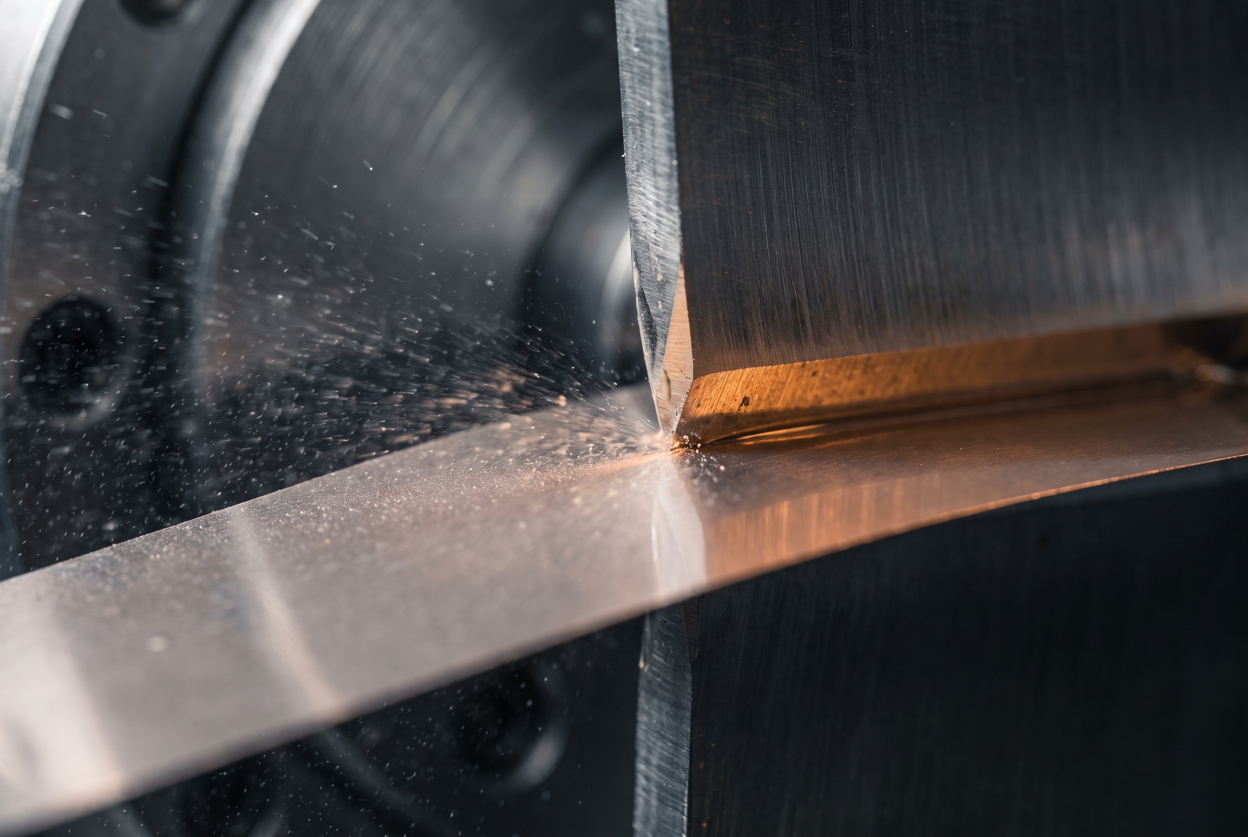 An extreme close-up of a slitting blade cutting a strip of metallic battery electrode foil with fine coolant mist catching the light.