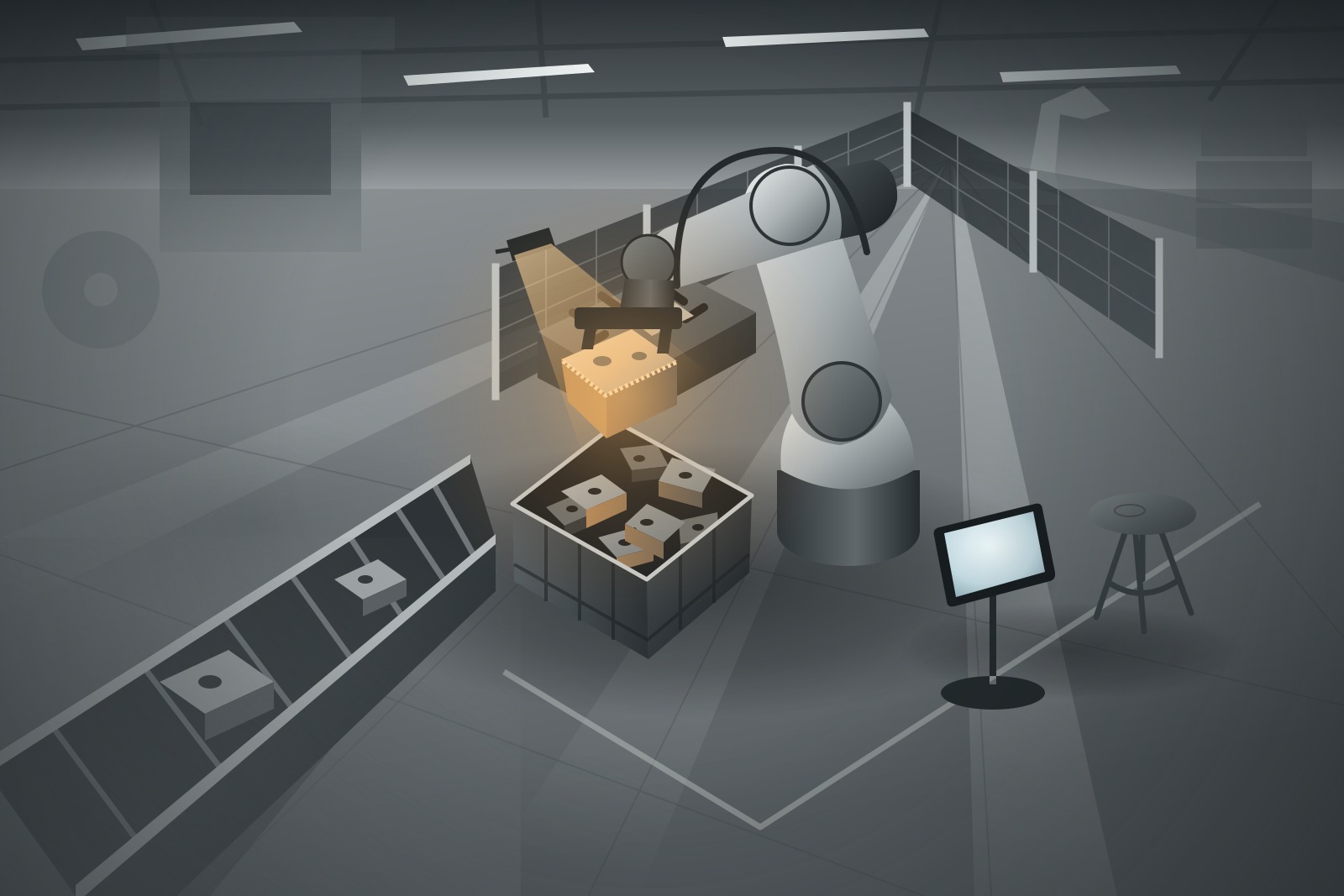 Elevated view of an automotive parts production line with a robot arm holding a welded bracket at one sharply focused workstation, a bin of finished brackets beside it and the rest of the line softly blurred.