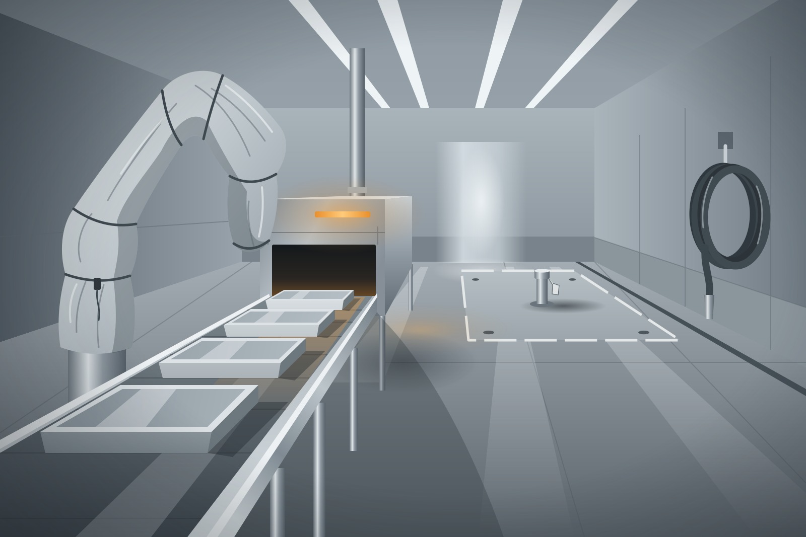 A food packaging line stands paused with a covered collaborative robot beside a stainless conveyor of sealed trays, and an empty marked bay with a capped conduit where another robot cell could go.