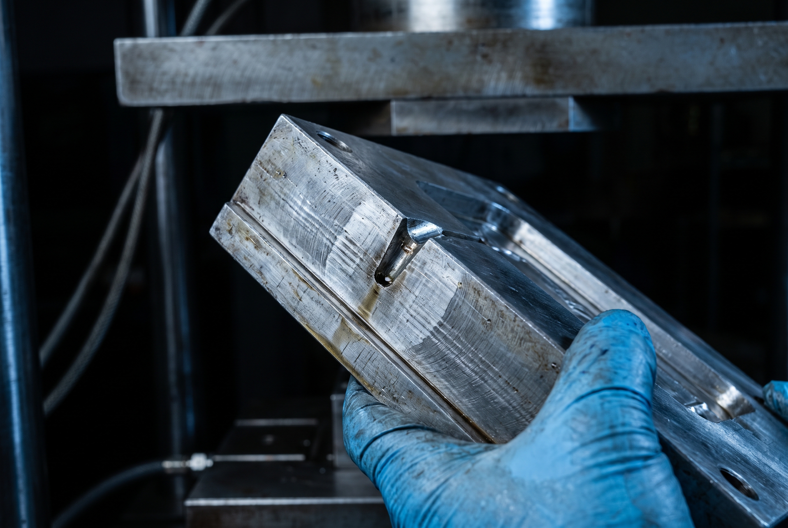 A gloved hand lifts a machined steel mold cavity insert at an angle, raking light revealing tool marks across its surface.