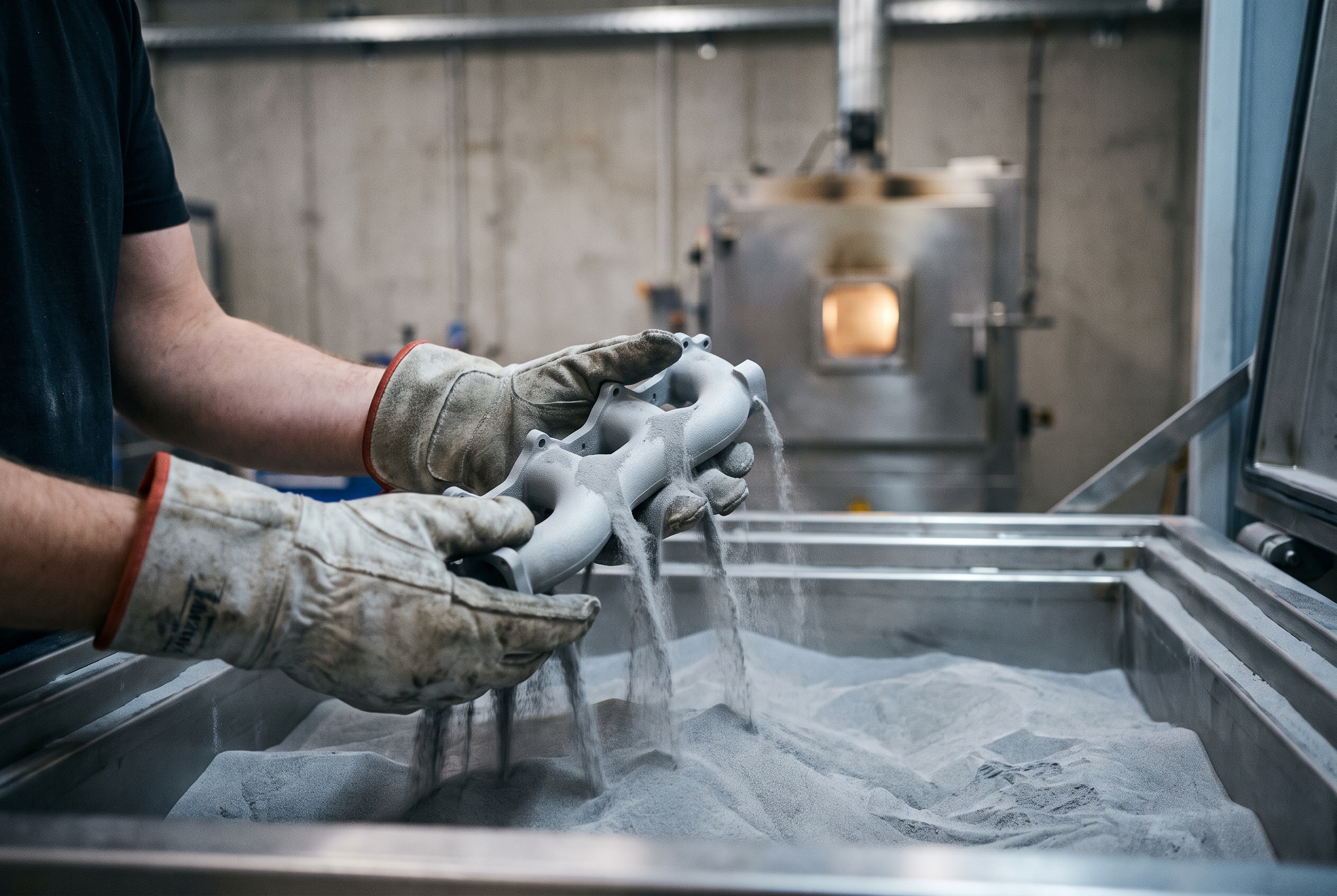 Gloved hands lift a fragile pale unsintered metal part out of loose powder, with a furnace door blurred behind in the workshop.
