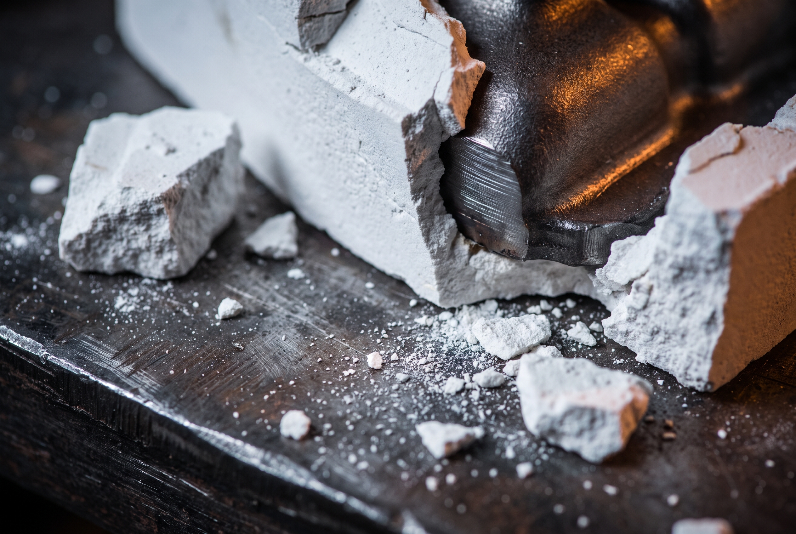 Close-up of a ceramic investment-casting shell fracturing away to reveal a raw cast metal part beneath, ceramic dust scattered on a dark steel bench.