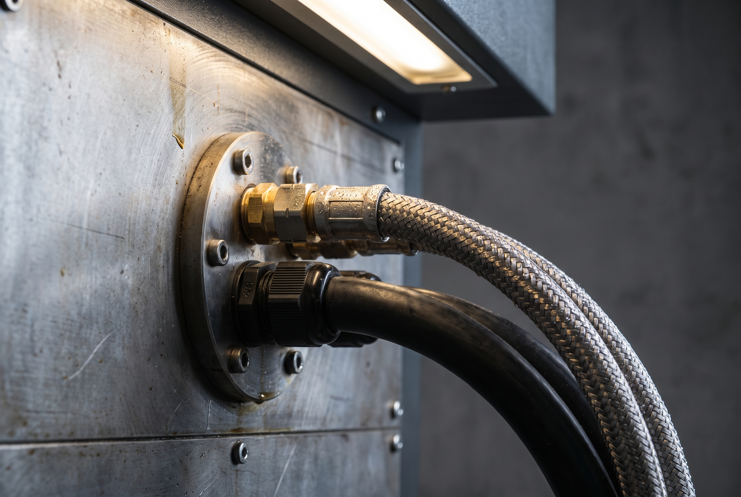 Close-up of thick compressed-air and power conduit couplings entering the rear service panel of an industrial metal printer, condensation on the fittings.