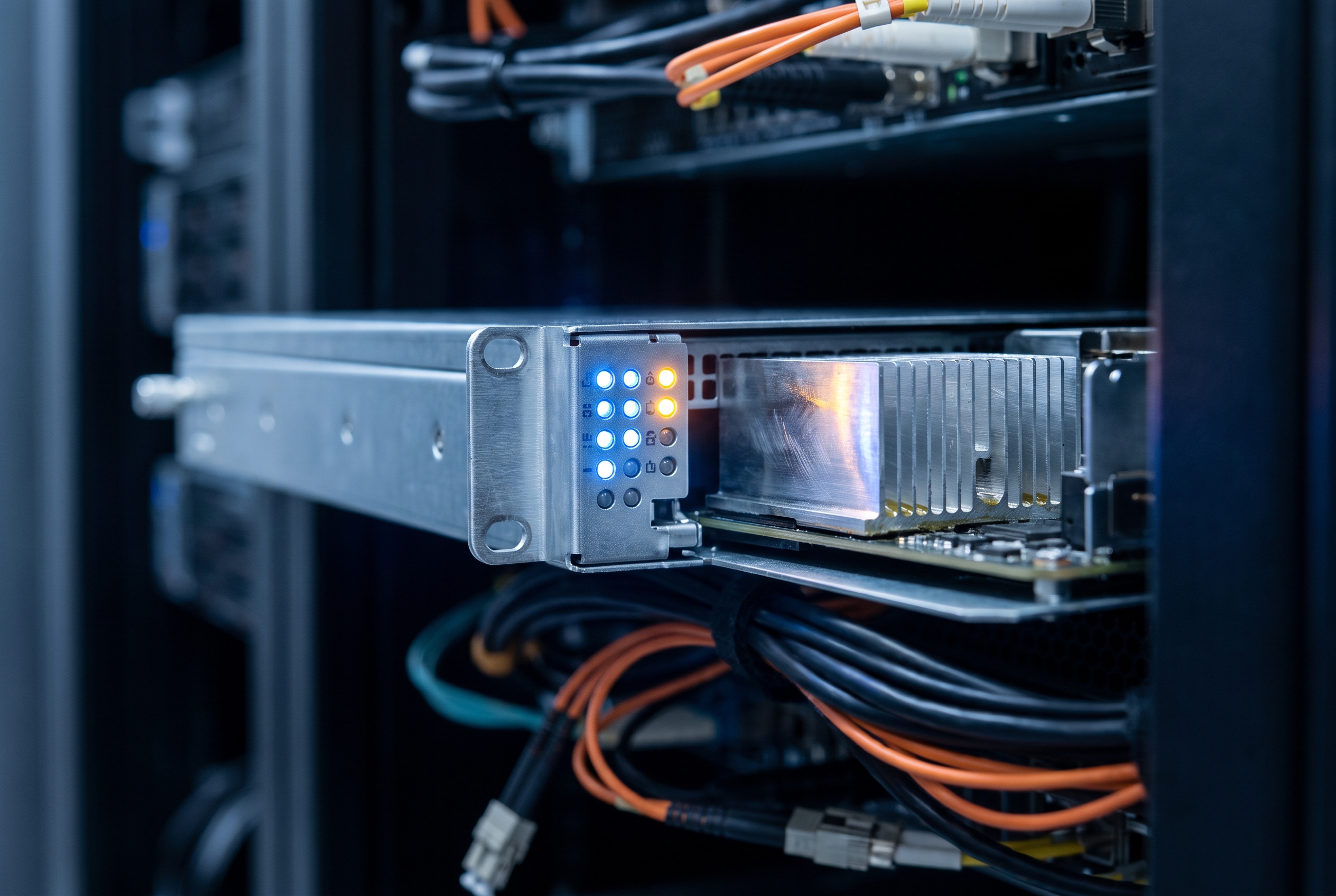 A macro view of an edge server blade's lit status LEDs and heatsink fins with fiber cables draped across a dark rack.