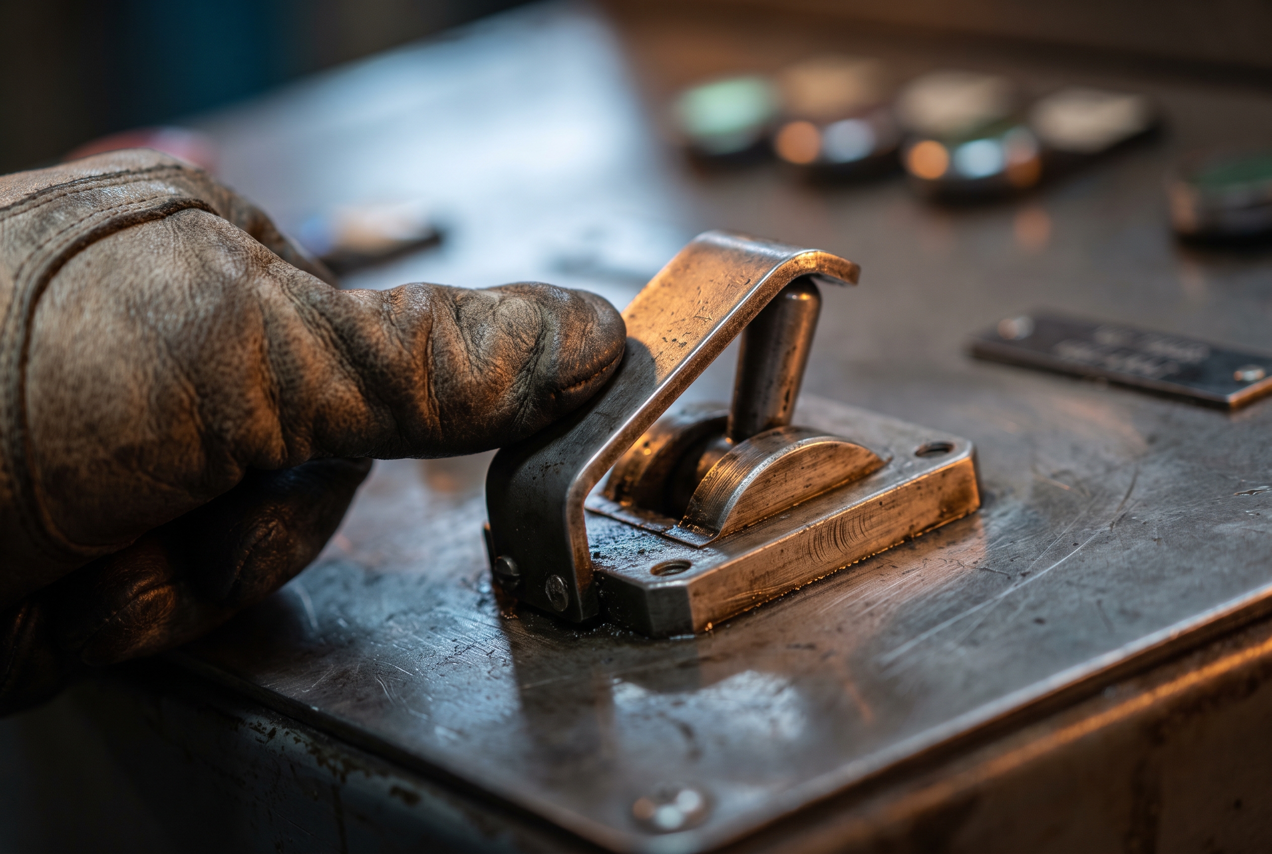 A gloved hand pressing a guarded toggle switch on a worn metal control console, lit by warm raking light.