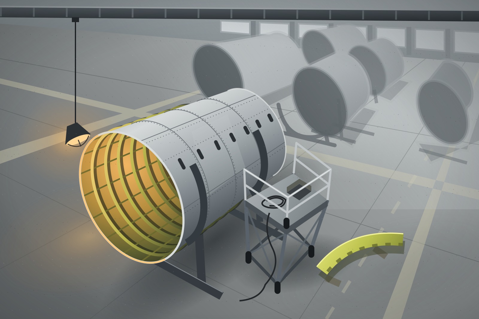 Illustration from above of a factory bay where an unpainted aircraft fuselage section rests on a steel cradle, with a rolling work platform beside it and more sections fading into blur behind, lit by grey daylight and one warm lamp.