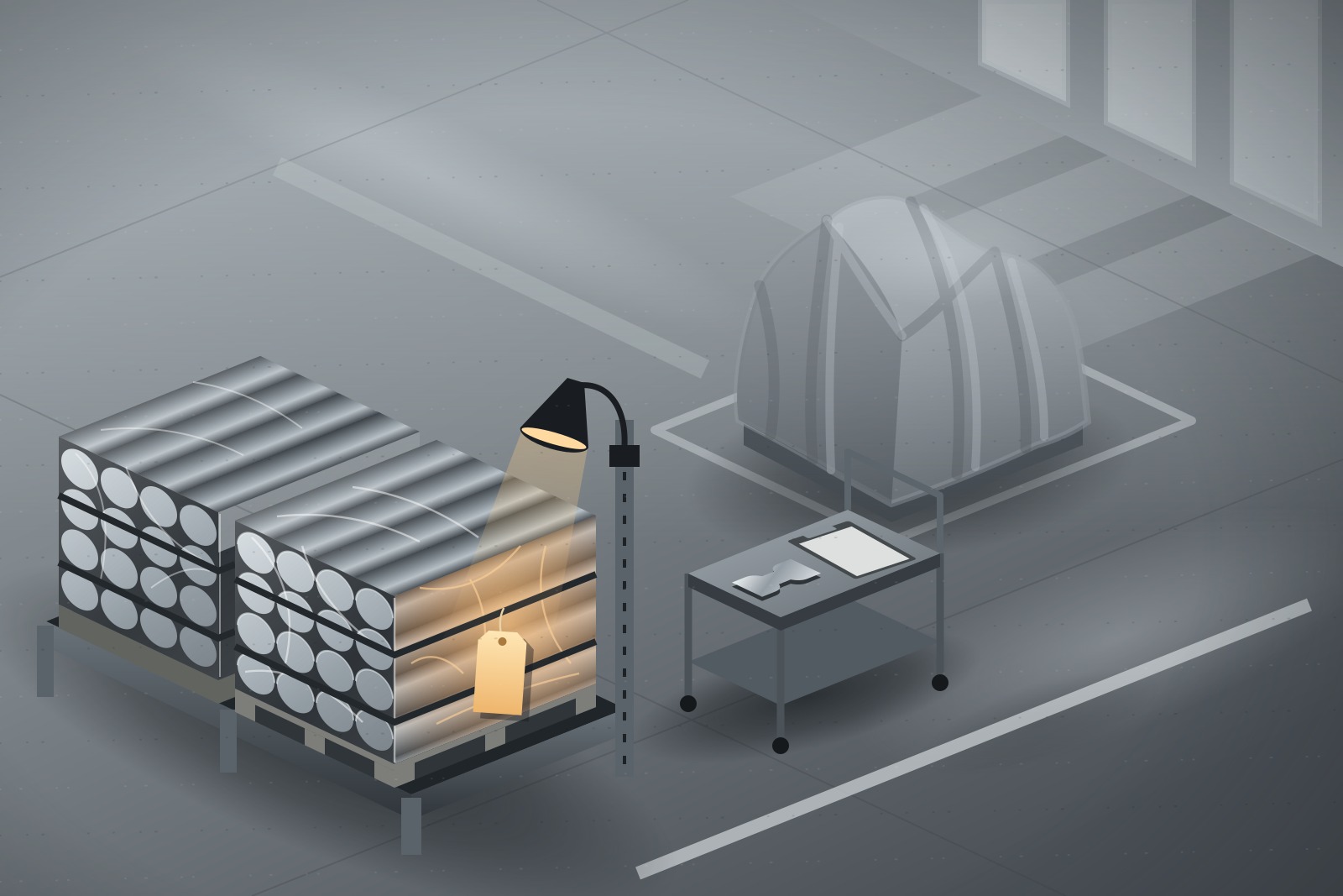 Illustration from above of a supplier shop floor with wrapped pallets of titanium billets in sharp focus, a grey dust-covered tooling fixture beyond them, and a small cart holding a training coupon and clipboard, under cool light with one warm lamp.
