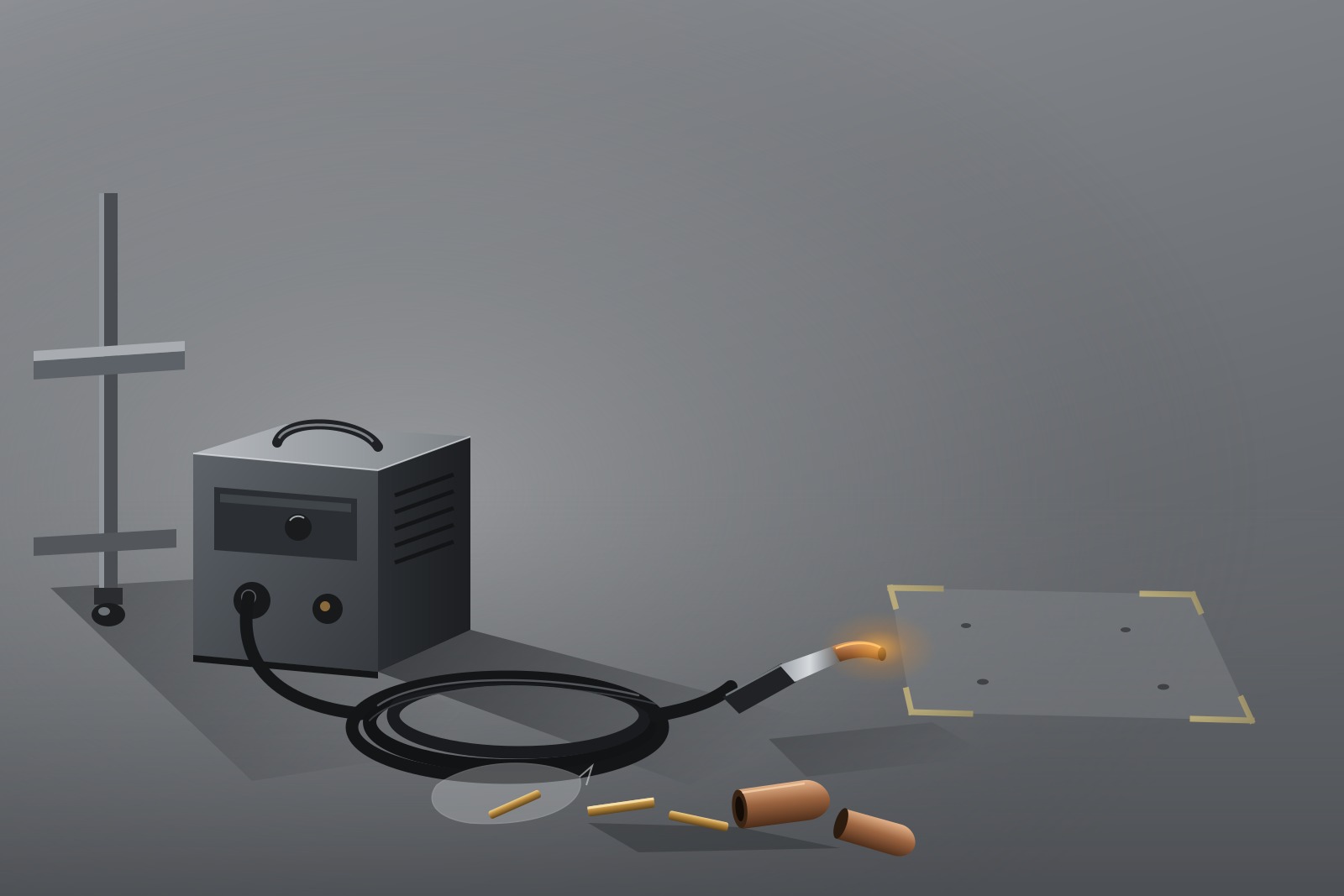 Illustration of a welding power source, coiled MIG torch, scattered brass contact tips and the corner of a cart on a grey seamless surface, with empty space on one side where options would go.
